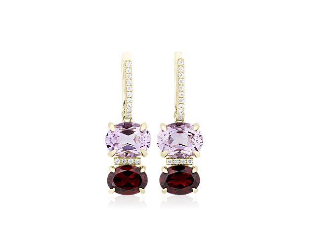 Garnet, Pink Amethyst and Diamond Drop Earrings in 14k Yellow Gold