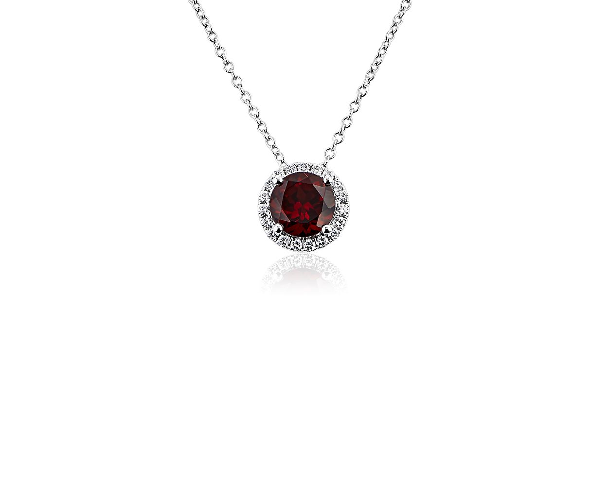 Garnet and Diamond Halo Pendant in 14k White Gold (7mm)