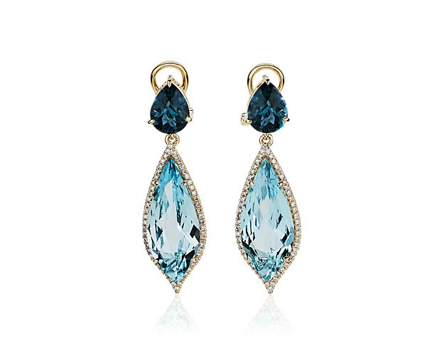Set in 14k yellow gold, these earrings are designed to make a statement wherever you go.  The combination of the tonal gemstones surrounded by a sparkling halo of diamonds makes these the perfect addition to any jewelry collection.