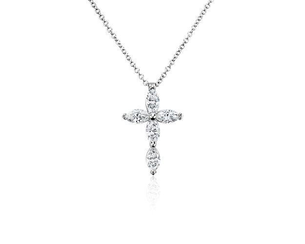 Express your faith in beautiful style with this simple cost necklace featuring marquise-cut diamonds shimmering along the arms. It is elegantly designed in 14k white gold that ensures enduring quality and lustre.