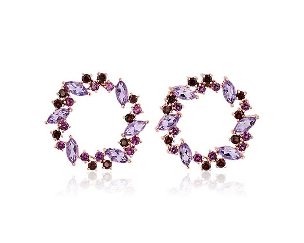 These elegant wreath-shaped earrings shimmer with marquise-cut amethysts and delicate round-cut rhodolite stones set in an intricate array. The warmly romantic gleam of the 14k rose gold design completes the effect.