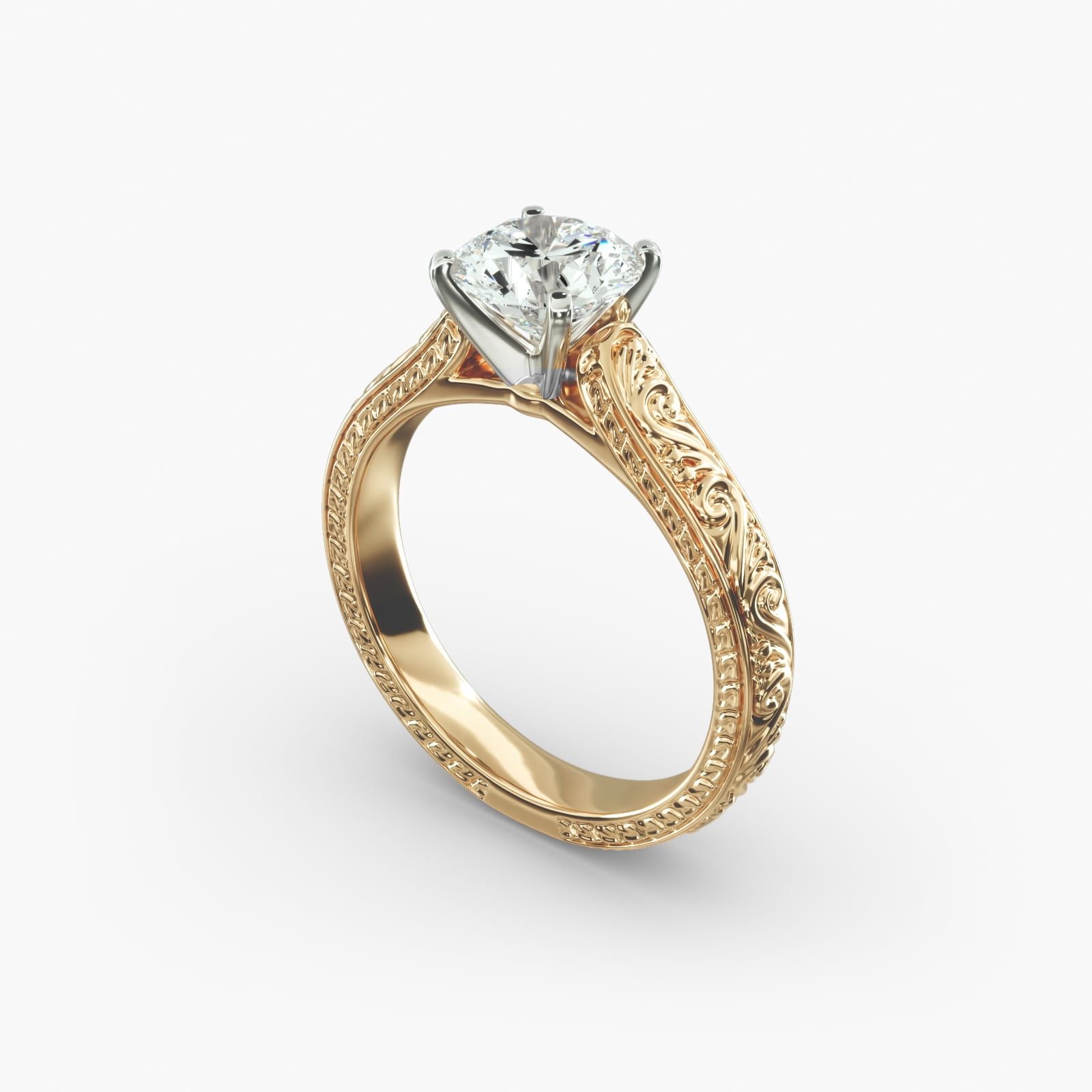 Hand Engraved Solitaire Engagement Ring in 18K Yellow Gold