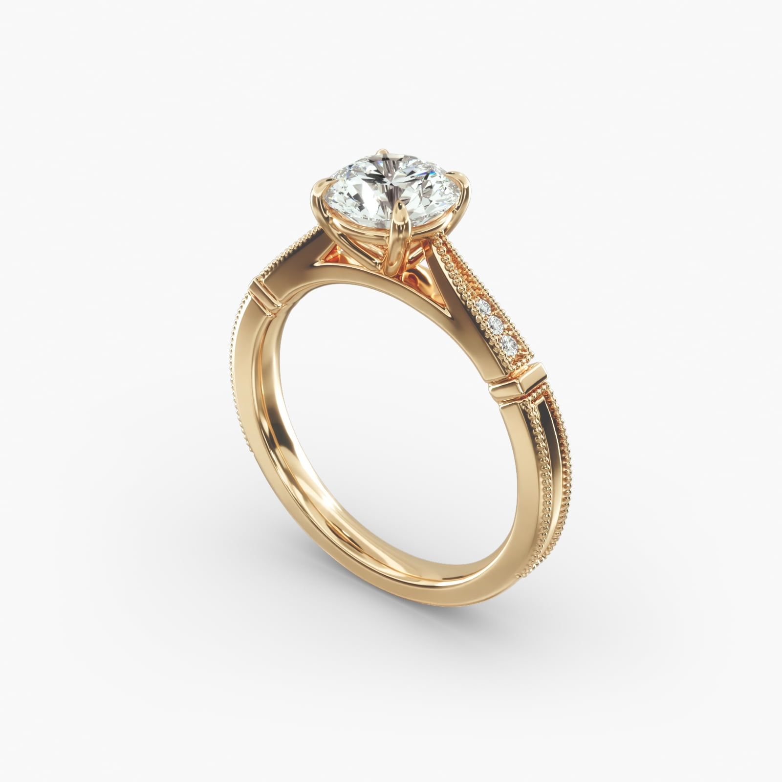 Six Prong Vintage Milgrain and Diamond Engagement Ring in 14k Yellow Gold
