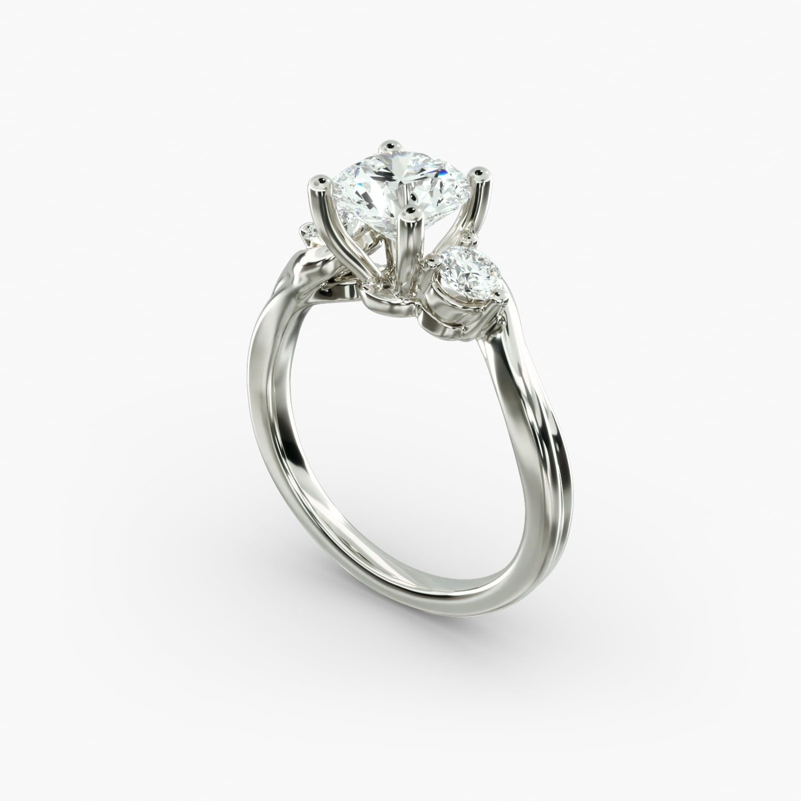 Wrapped Shank Three Stone Diamond Engagement Ring in Platinum