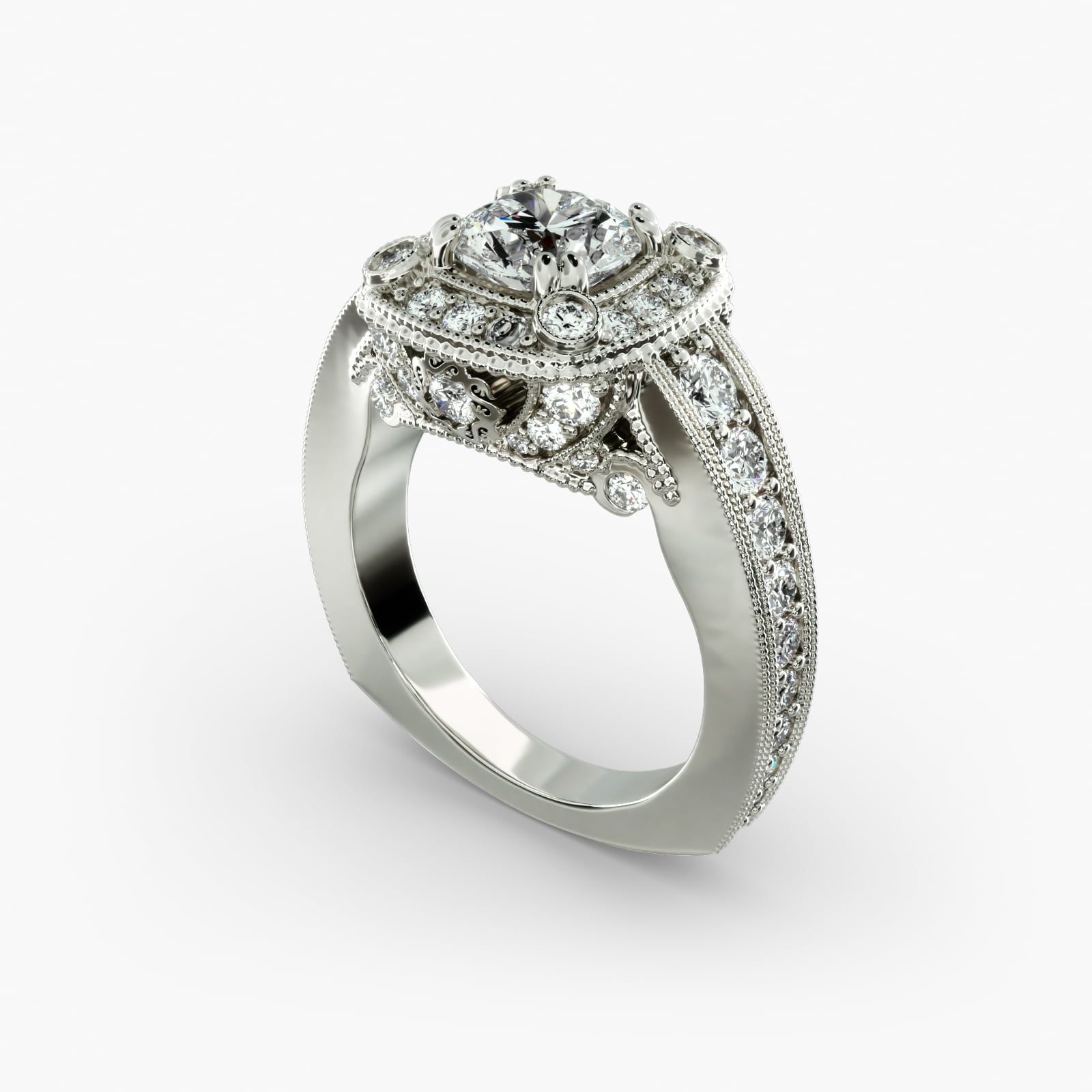 Bella Vaughan for Blue Nile Empire Cushion Halo Hand Engraved Engagement Ring in Platinum 1.25 ct. tw