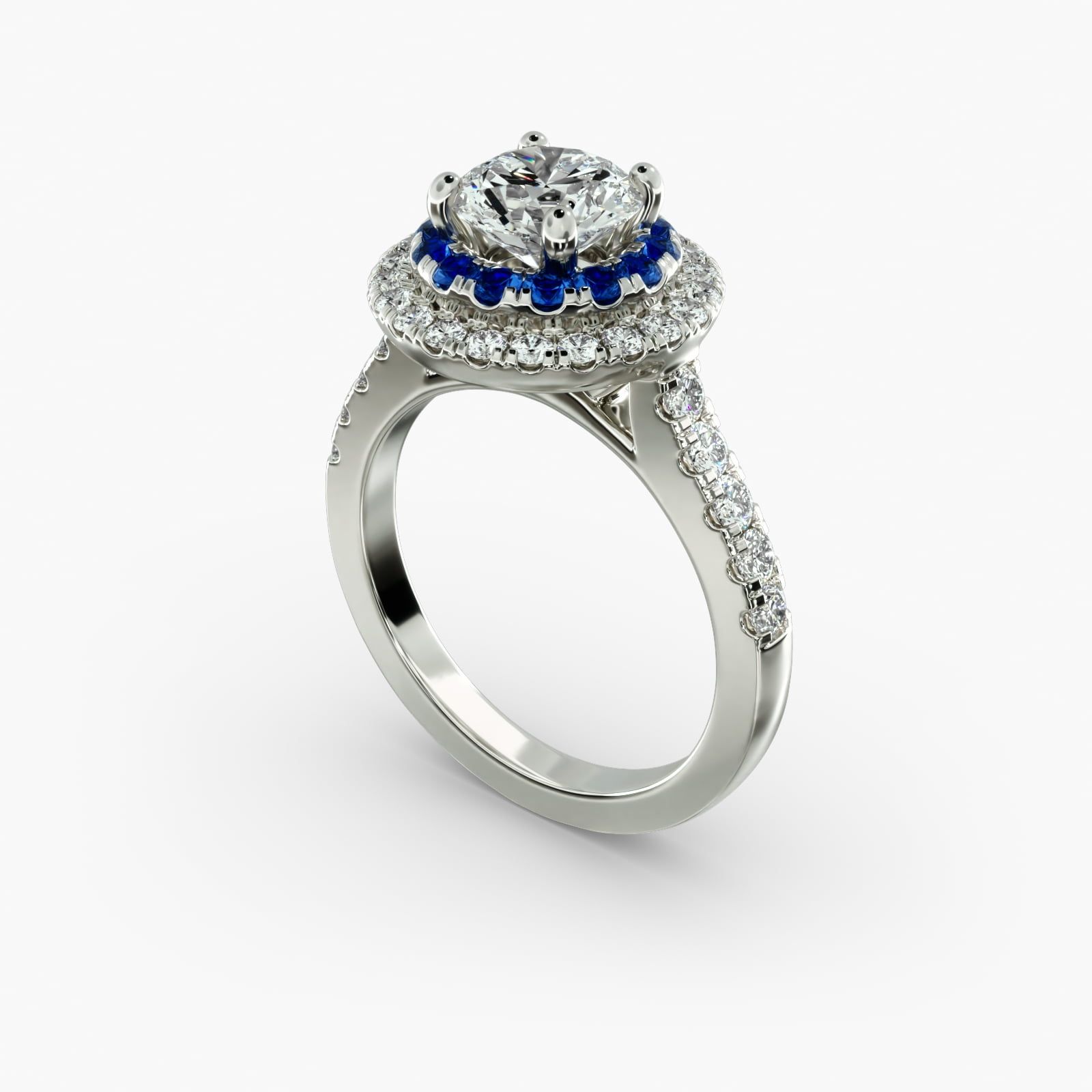 Sapphire and Diamond Double Halo Engagement Ring in 14k White Gold 1 2 ct. tw