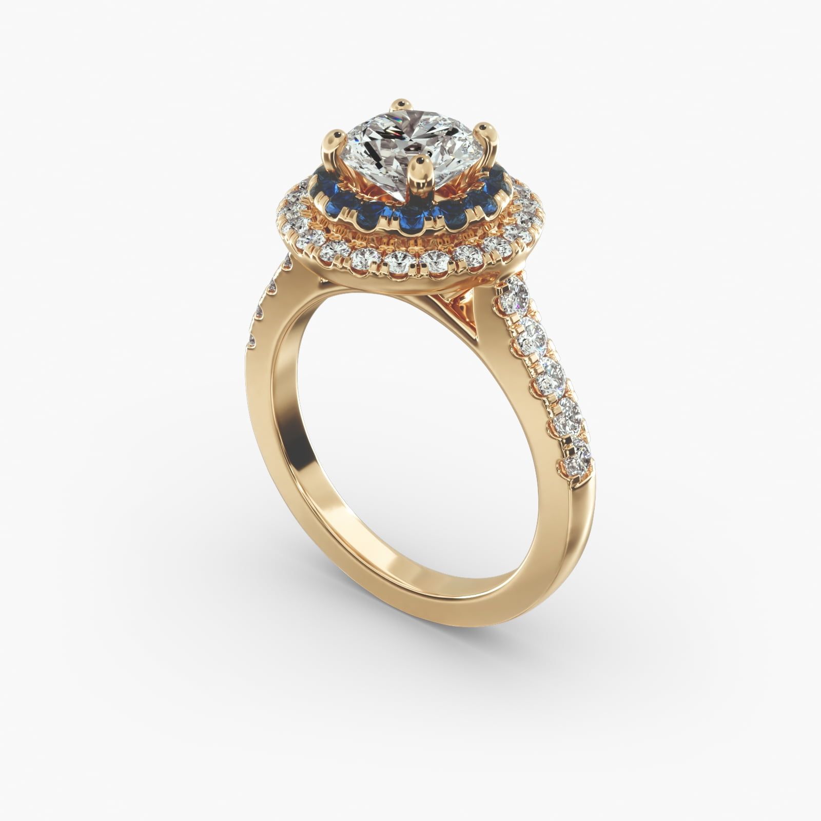 Sapphire and Diamond Double Halo Engagement Ring in 14K Yellow Gold 1 2 ct. tw