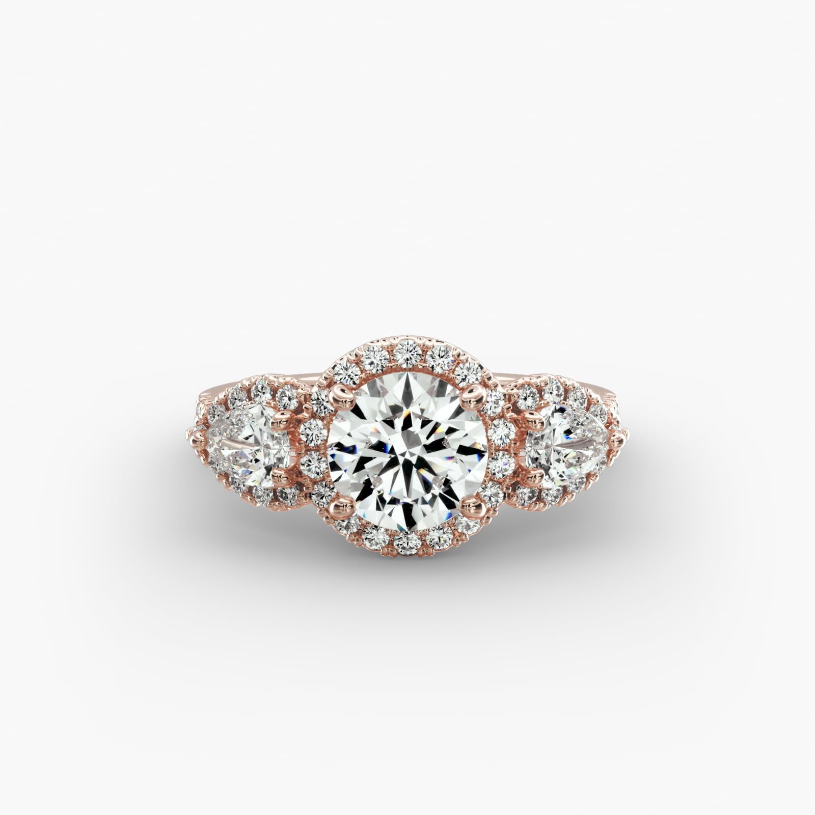 Three Stone Pear Halo Diamond Engagement Ring in 14k Rose Gold