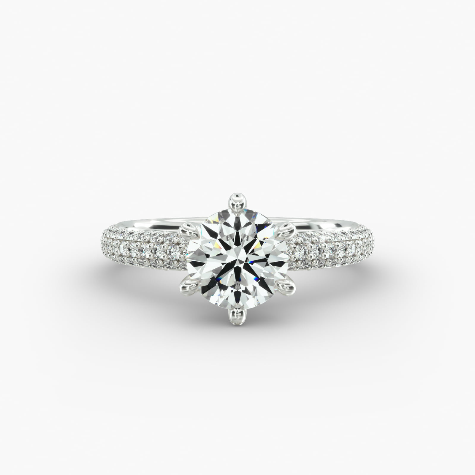 Triple Row Pavé Engagement Ring 6-Prong Nouveau Head