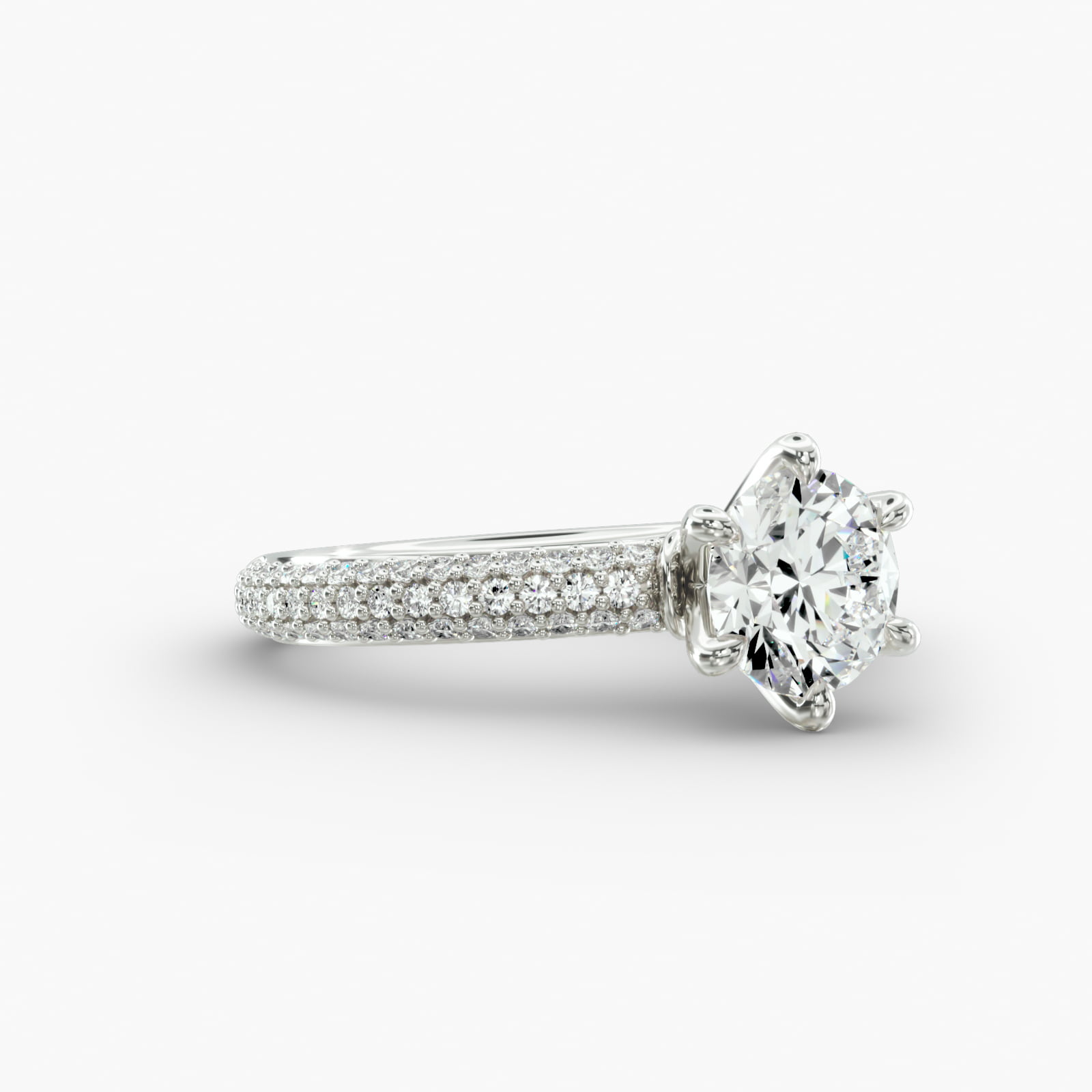 Triple Row Pavé Engagement Ring 6-Prong Nouveau Head