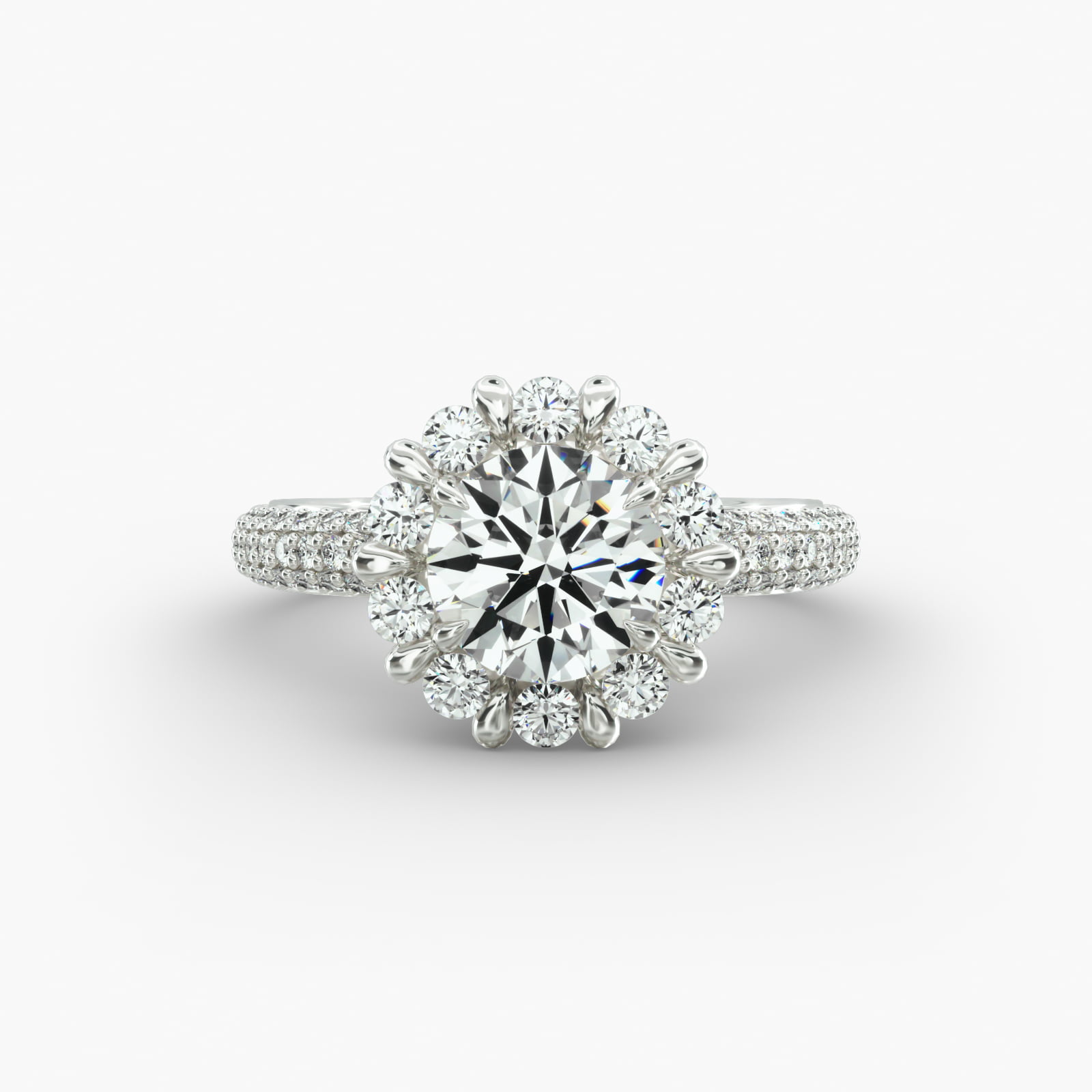 Triple Row Pavé Engagement Ring Floral Halo Head