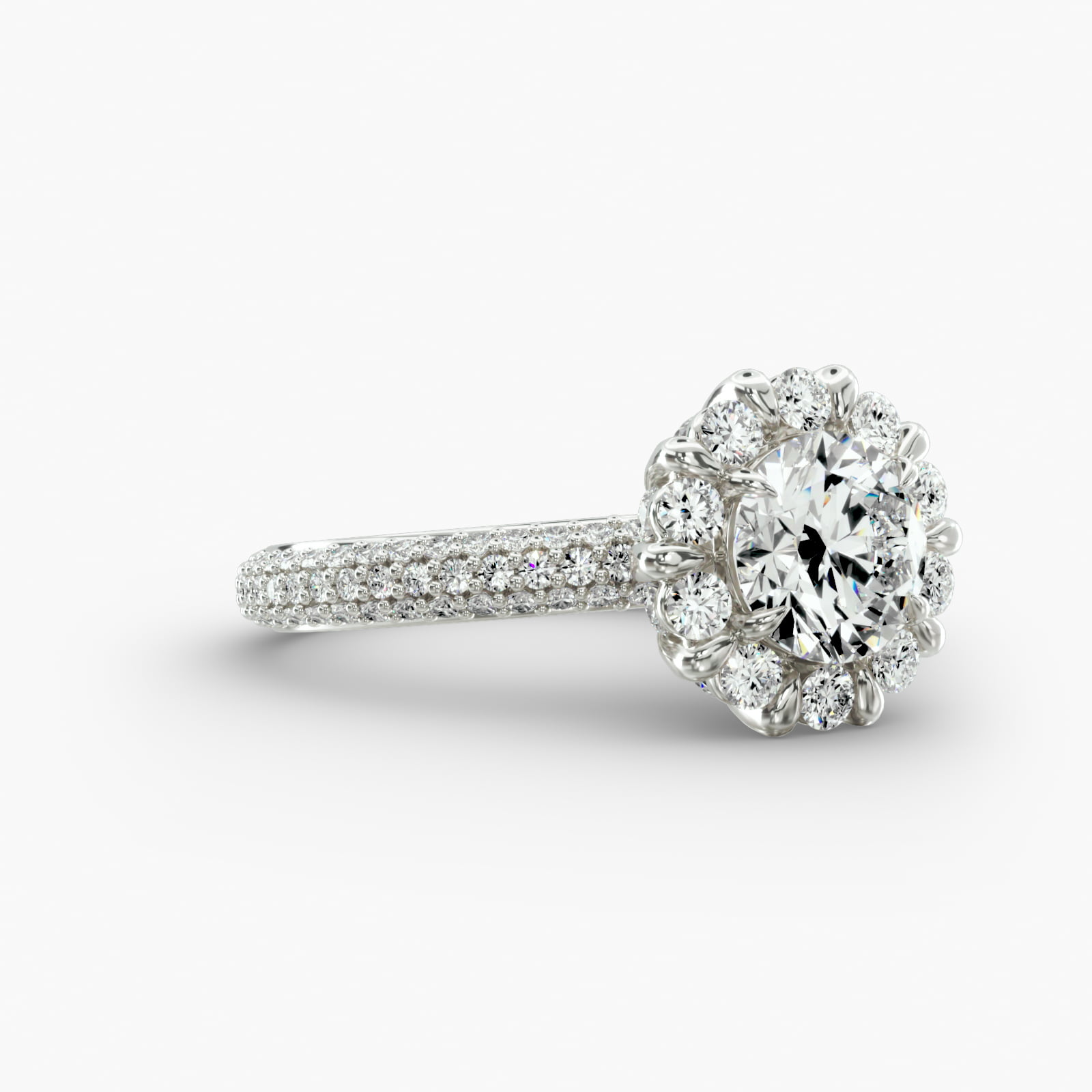Triple Row Pavé Engagement Ring Floral Halo Head