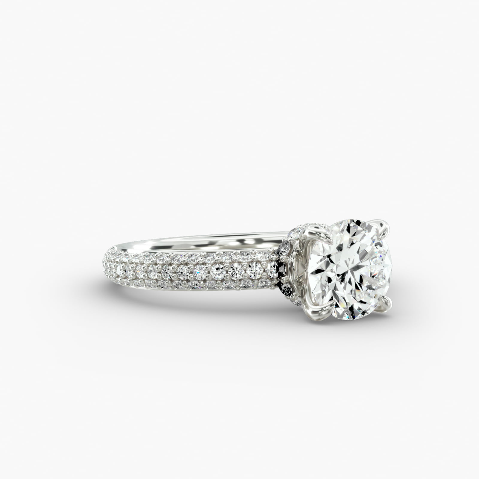 Triple Row Pavé Engagement Ring Hidden Halo Head