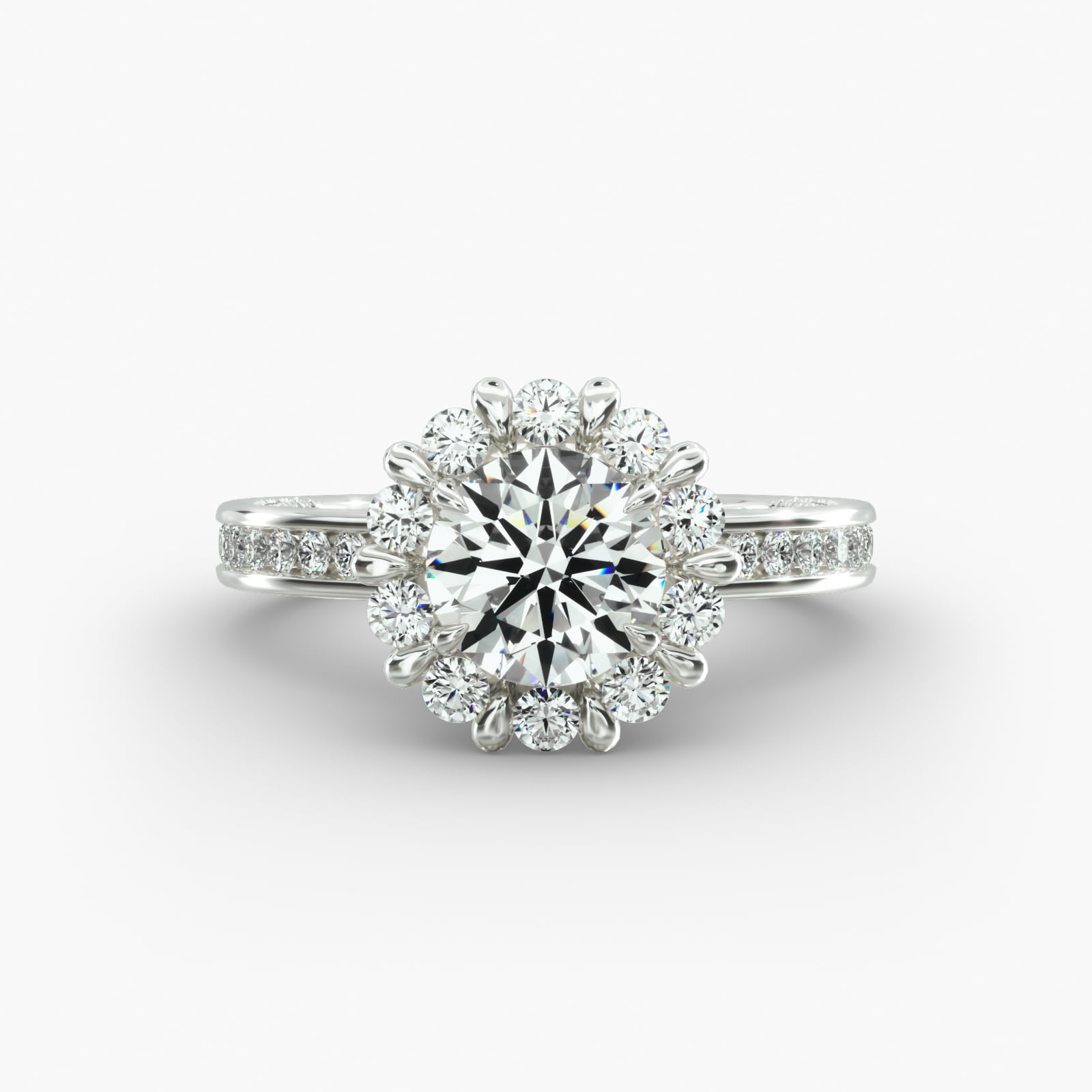 Round Channel Engagement Ring Floral Halo Head