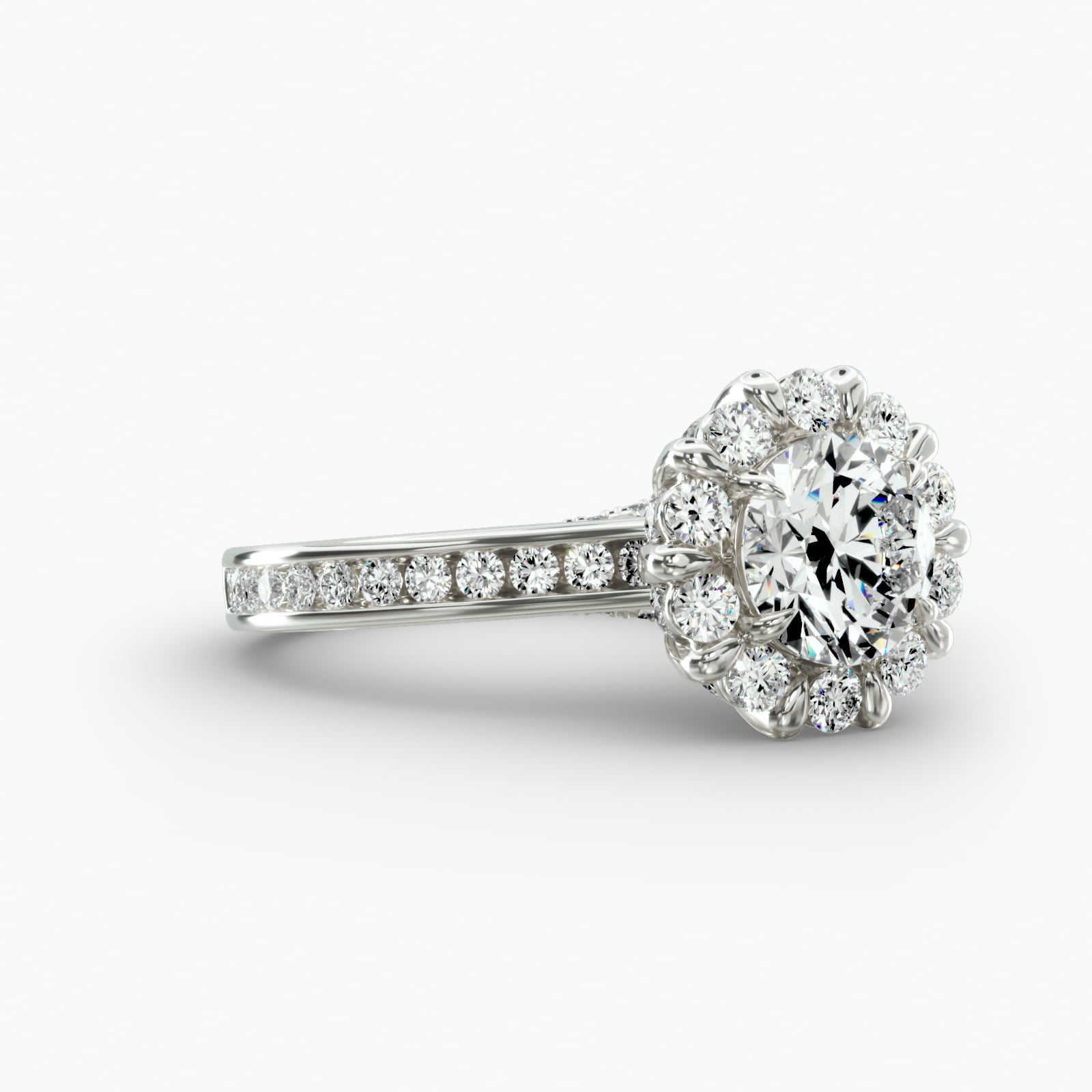 Round Channel Engagement Ring Floral Halo Head