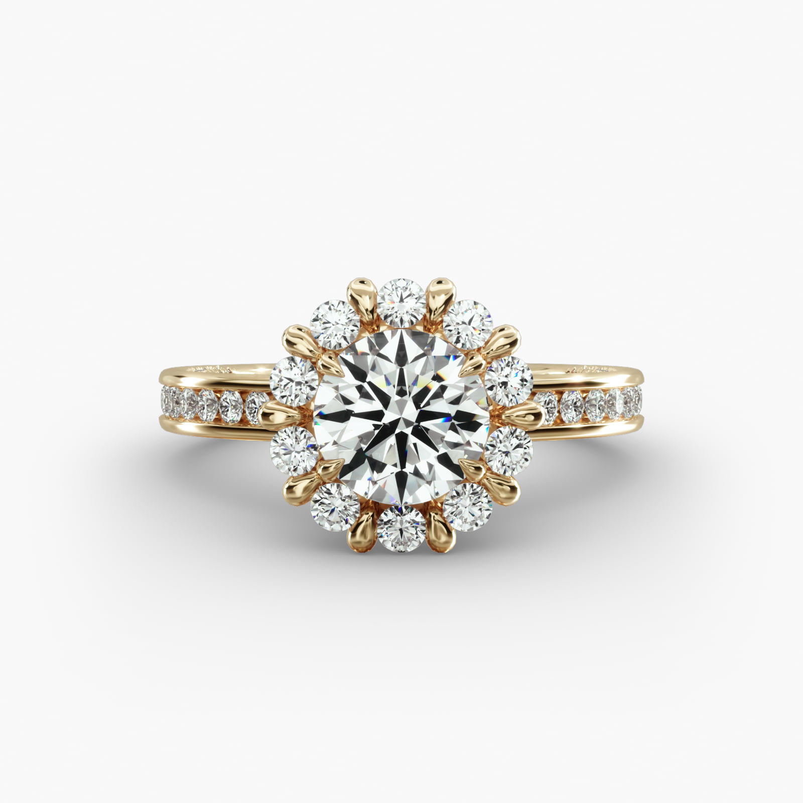 Round Channel Engagement Ring Floral Halo Head