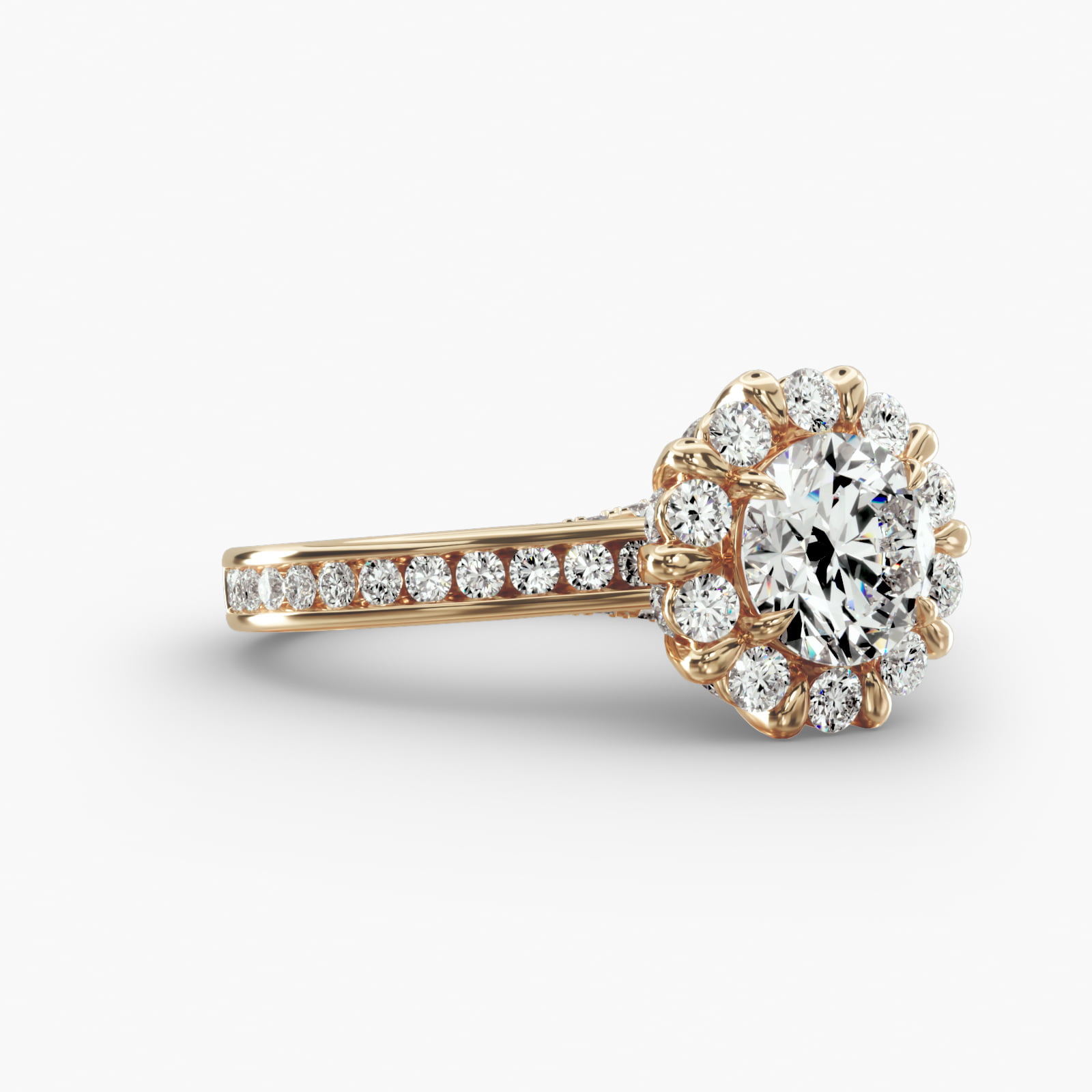 Round Channel Engagement Ring Floral Halo Head