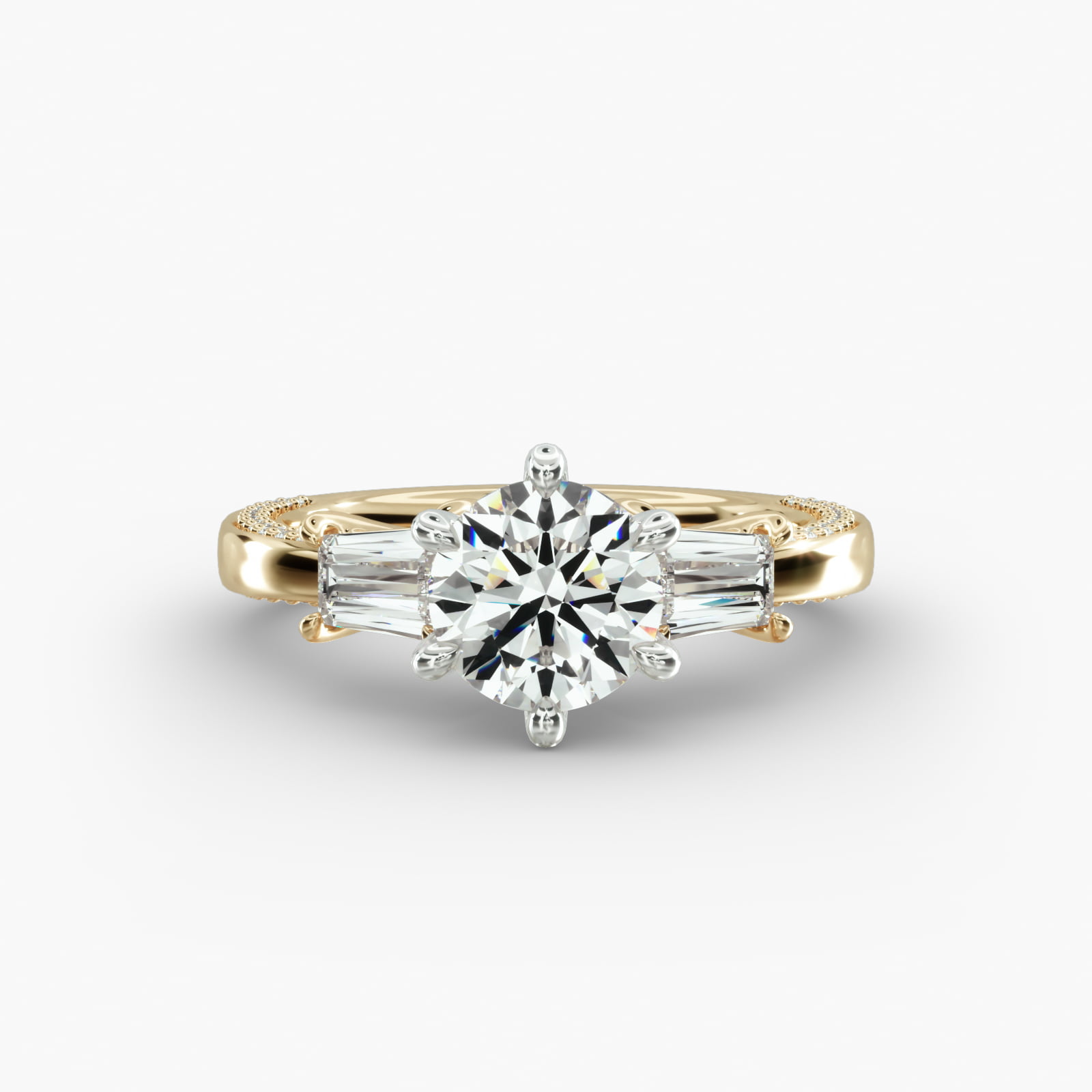 Three-Stone Engagement Ring 6-Prong Nouveau Head