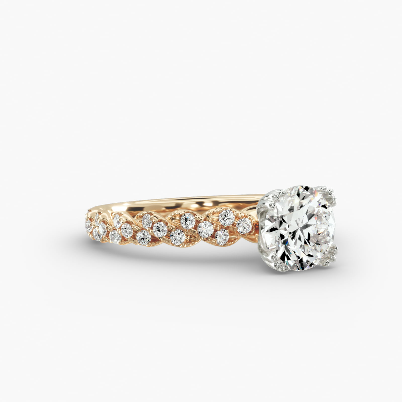 Twist Pavé Engagement Ring Vintage Trefoil Head