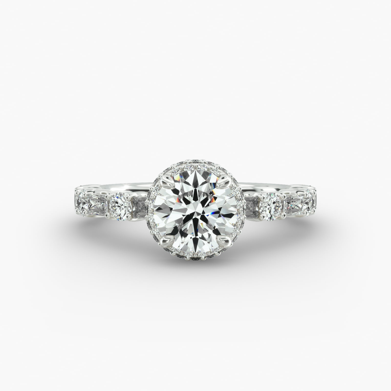 Alternating Baguette Engagement Ring Dual Halo Head