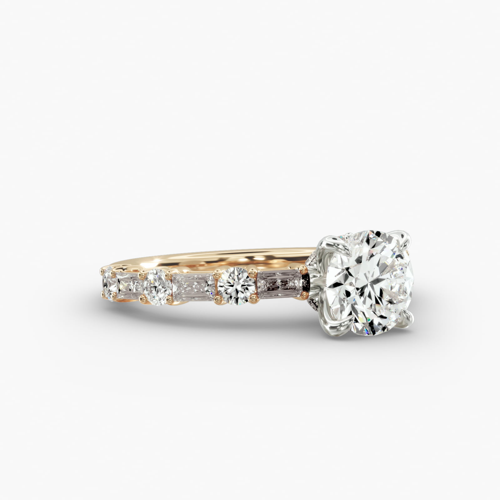 Alternating Baguette Engagement Ring Clustered Diamond Head