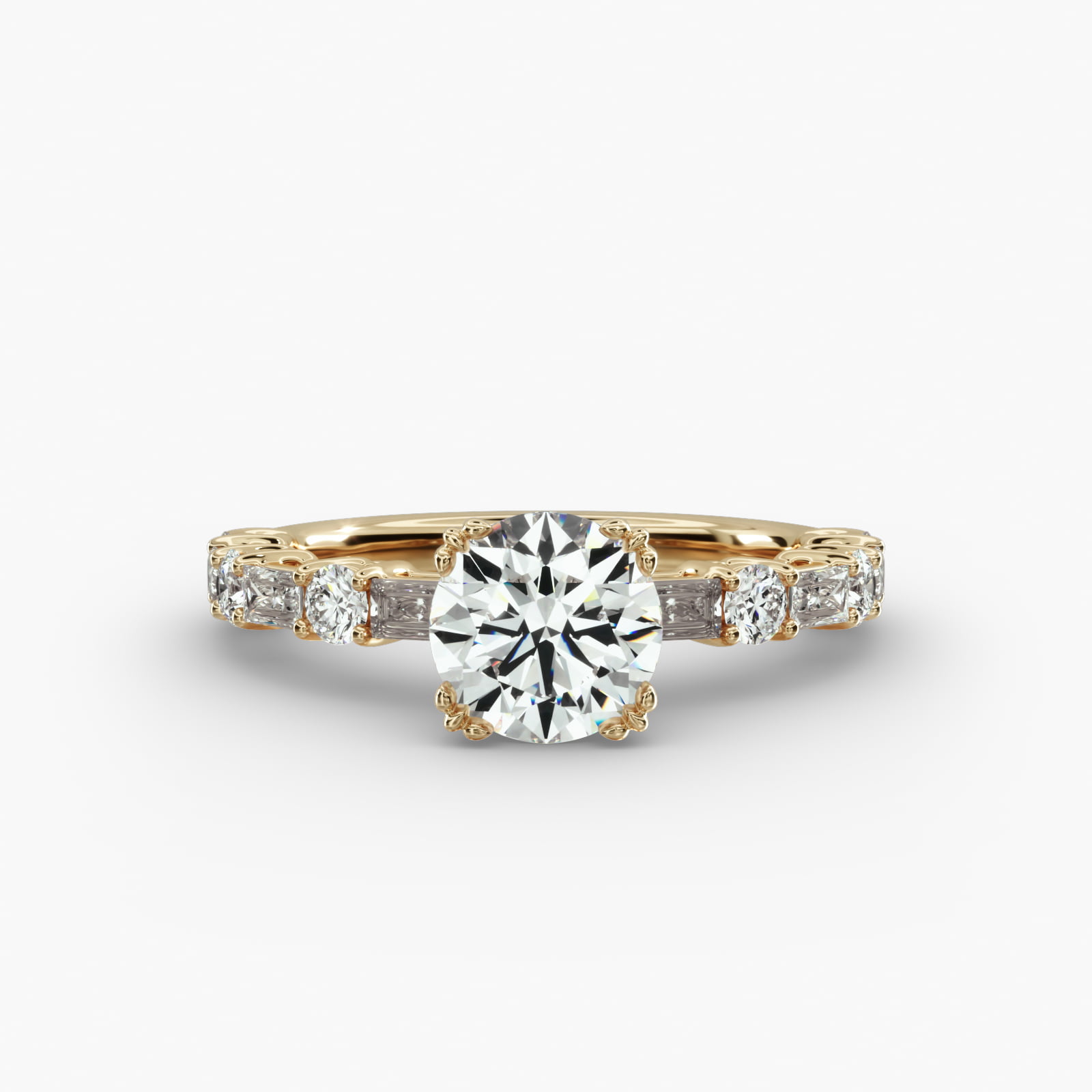 Alternating Baguette Engagement Ring Vintage Trefoil Head