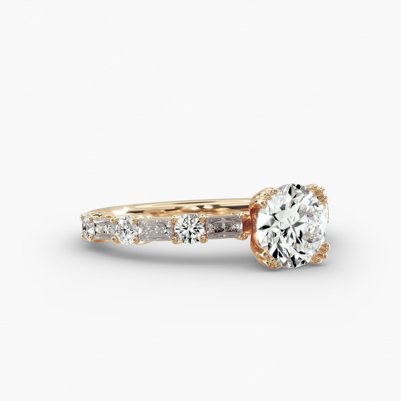 Alternating Baguette Engagement Ring Vintage Trefoil Head