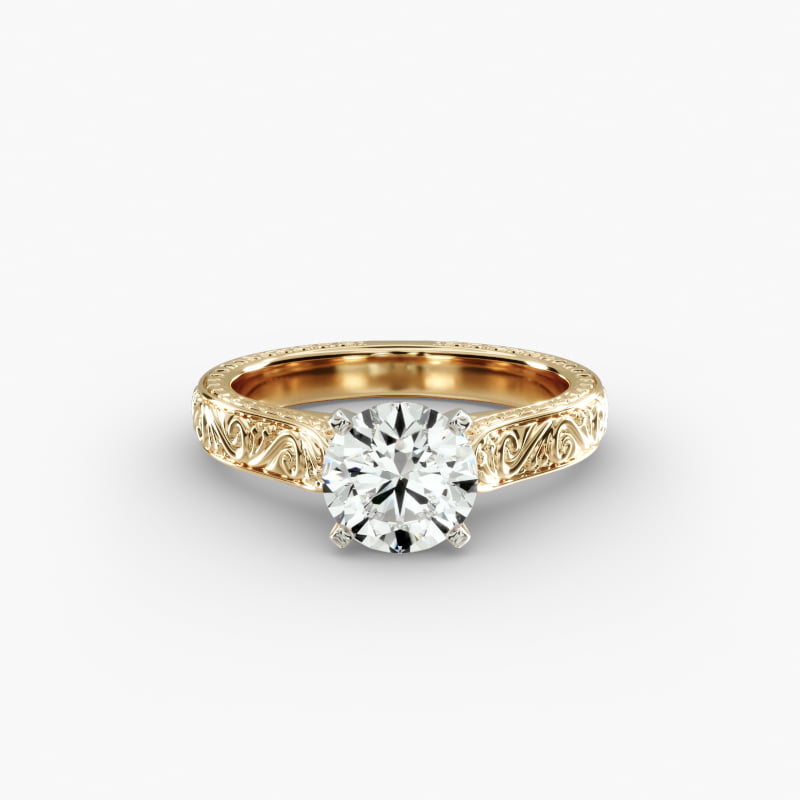 Hand-Engraved Solitaire Engagement Ring in 18K Yellow Gold