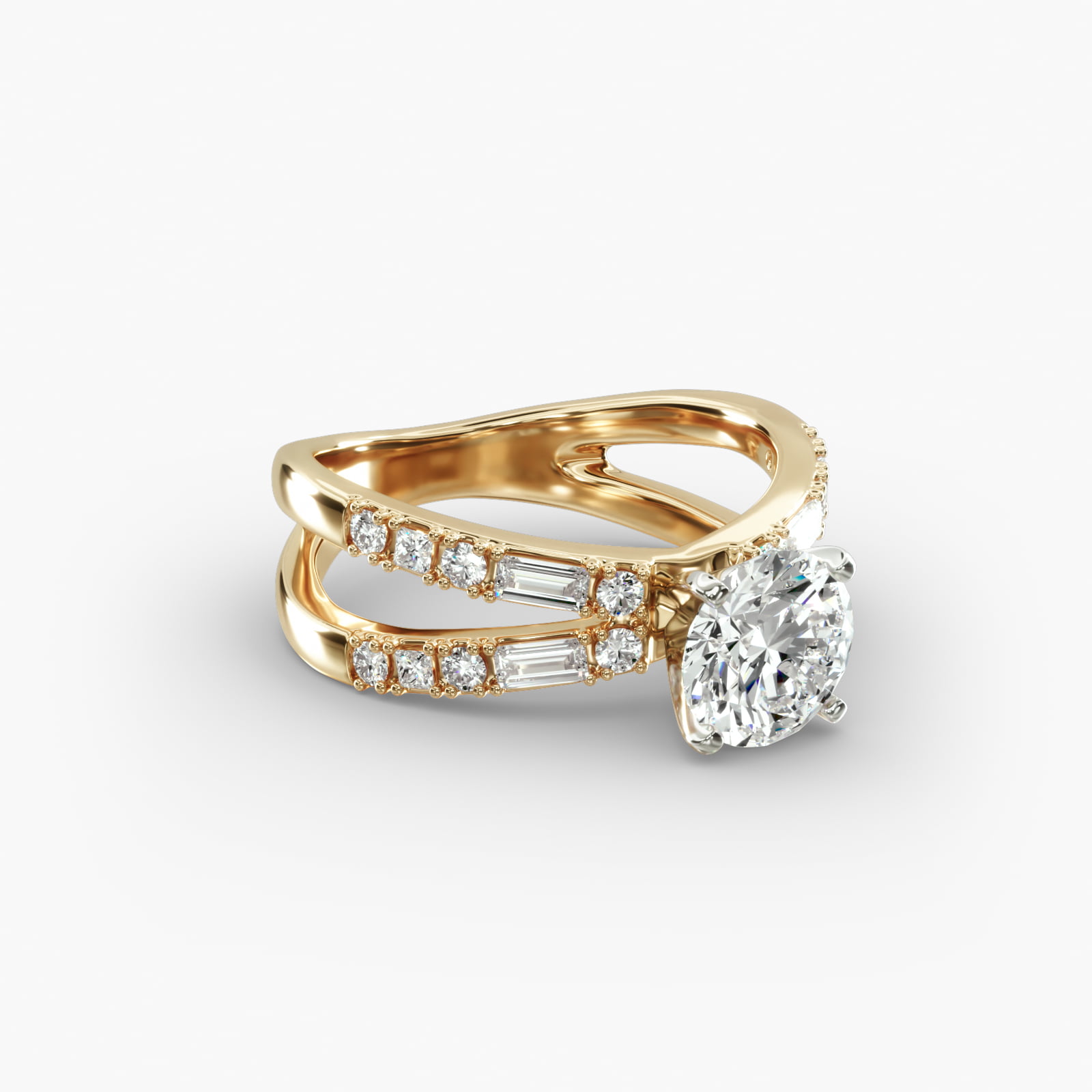 Dot Dash Split Shank Diamond Engagement Ring in 14k Yellow Gold