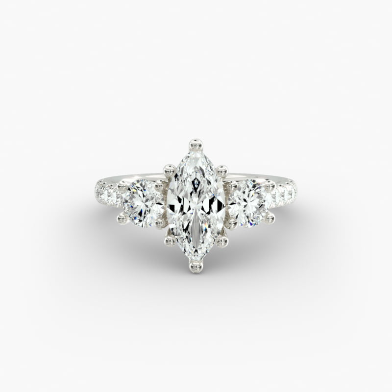 Modern Trellis Three Stone Lab-Grown Diamond Engagement in 18k White Gold