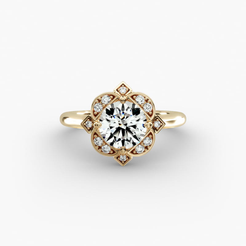 Art Deco Inspired Floral Halo Vintage-Style Engagement Ring In 14K Yellow Gold