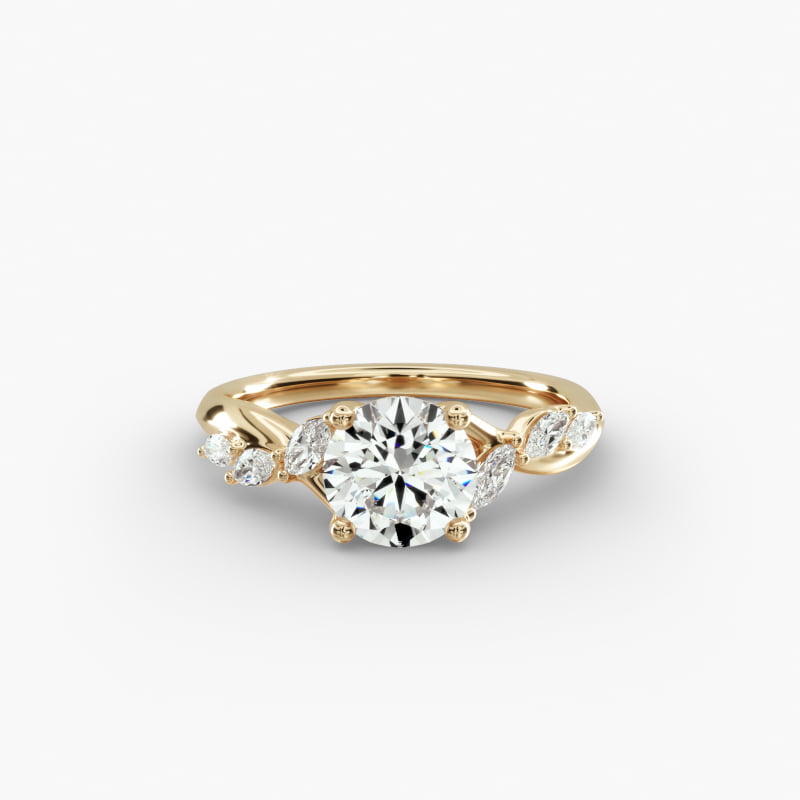 Leaf Vine Diamond Motif Side Stone Engagement Ring In 14K Yellow Gold