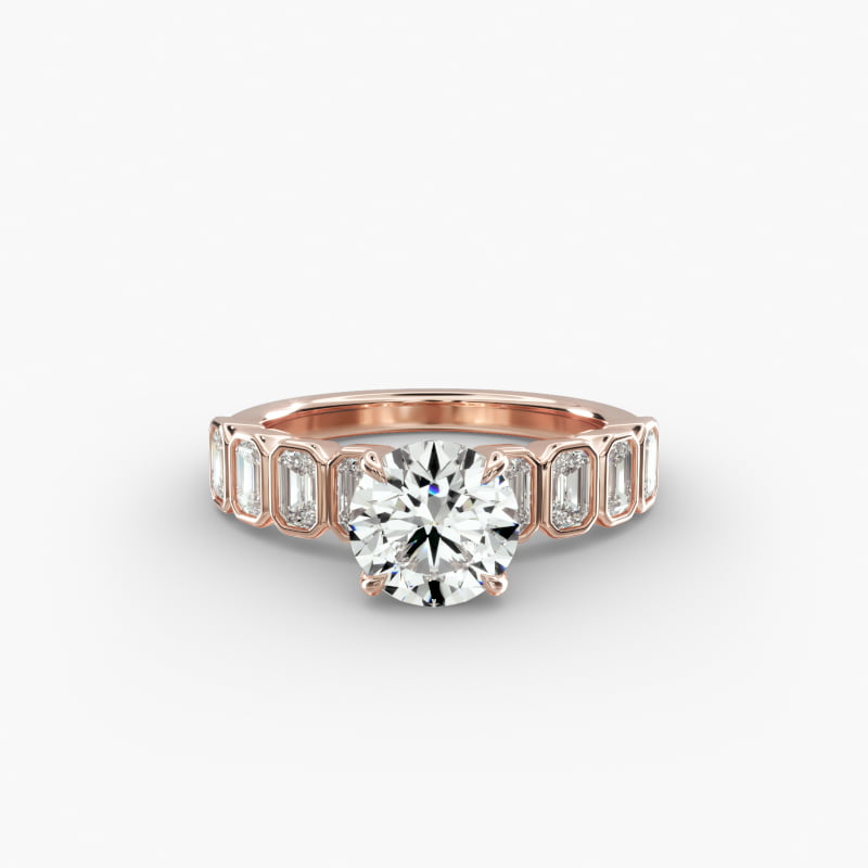 Bezel Set Emerald Cut Side Stone Diamond Engagement Ring In 14K Rose Gold