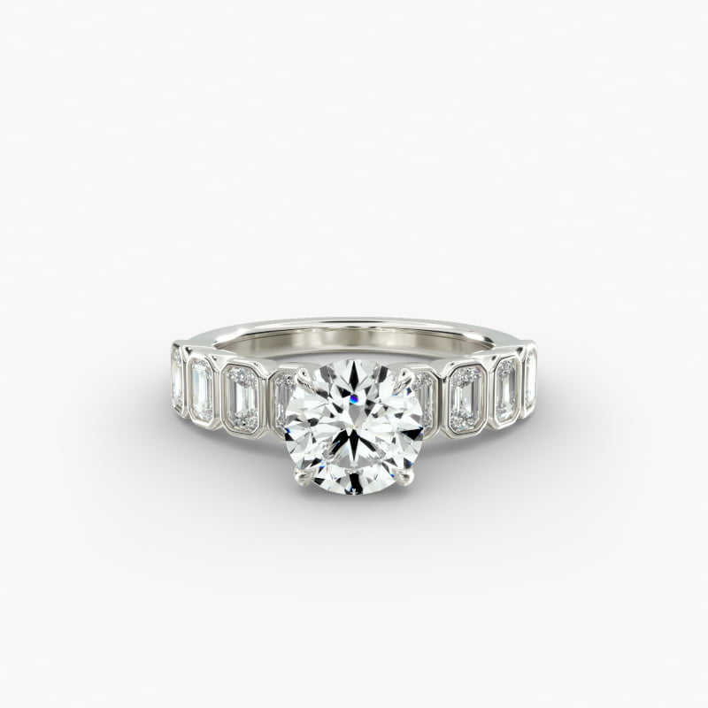 Bezel Set Emerald Cut Side Stone Diamond Engagement Ring In 14K White Gold