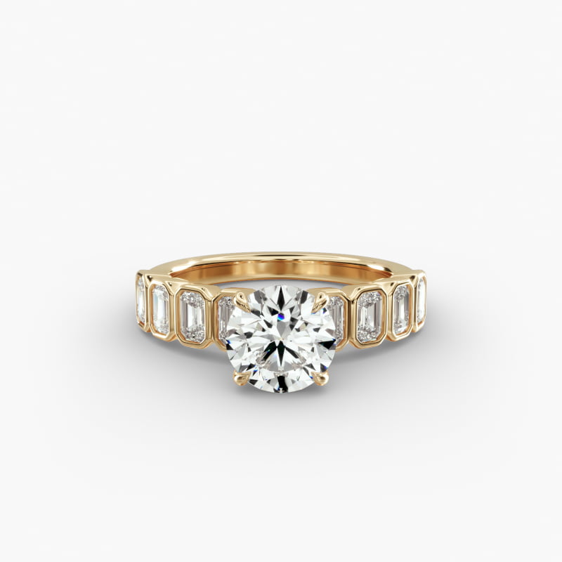 Bezel Set Emerald Cut Side Stone Diamond Engagement Ring In 14K Yellow Gold