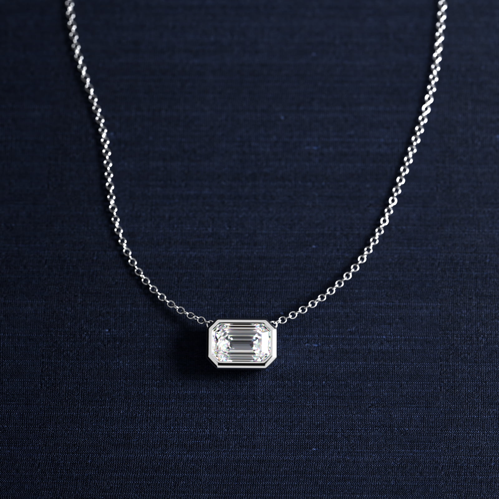 East West Emerald Cut Bezel Diamond Pendant  In 14K White Gold (Setting)