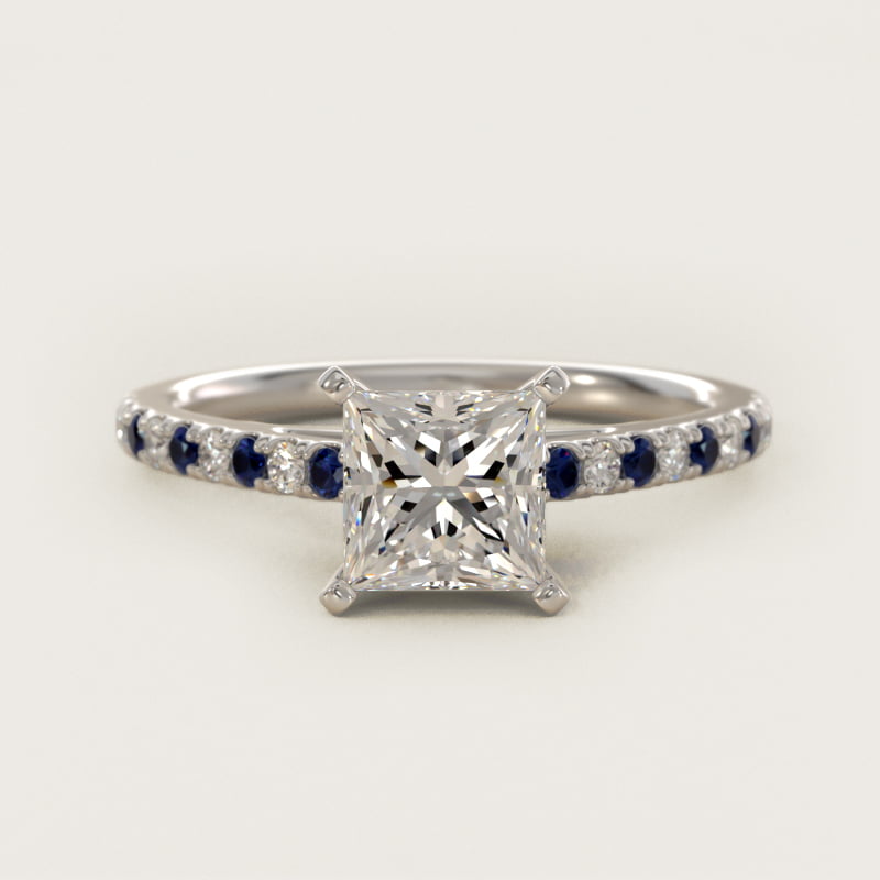 1 1/2 CT. GIA Certified Princess Lab Created Diamond Riviera Micropavé Sapphire and Diamond Engagement Ring in 14k White Gold