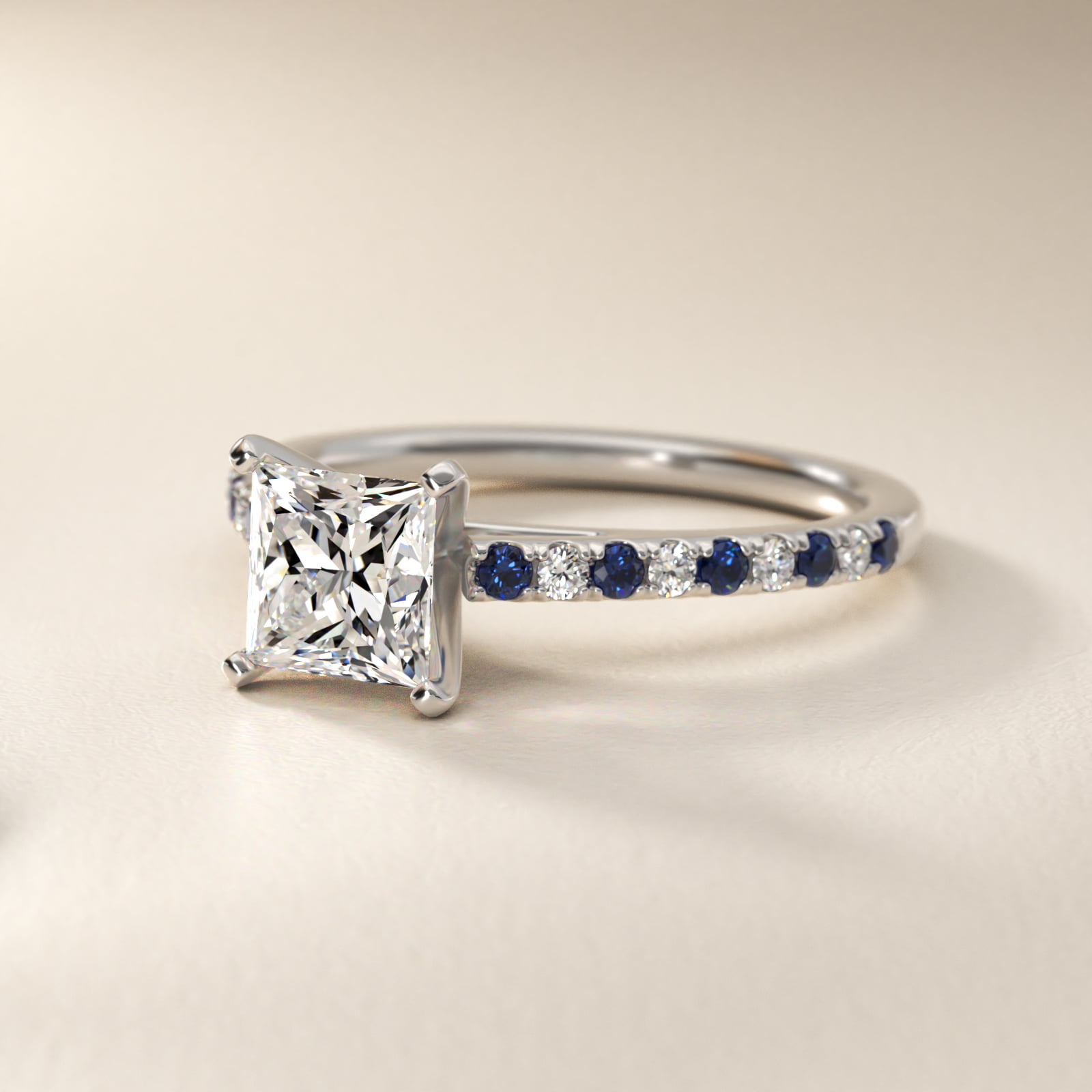 1 1/2 CT. GIA Certified Princess Lab Created Diamond Riviera Micropavé Sapphire and Diamond Engagement Ring in 14K White Gold