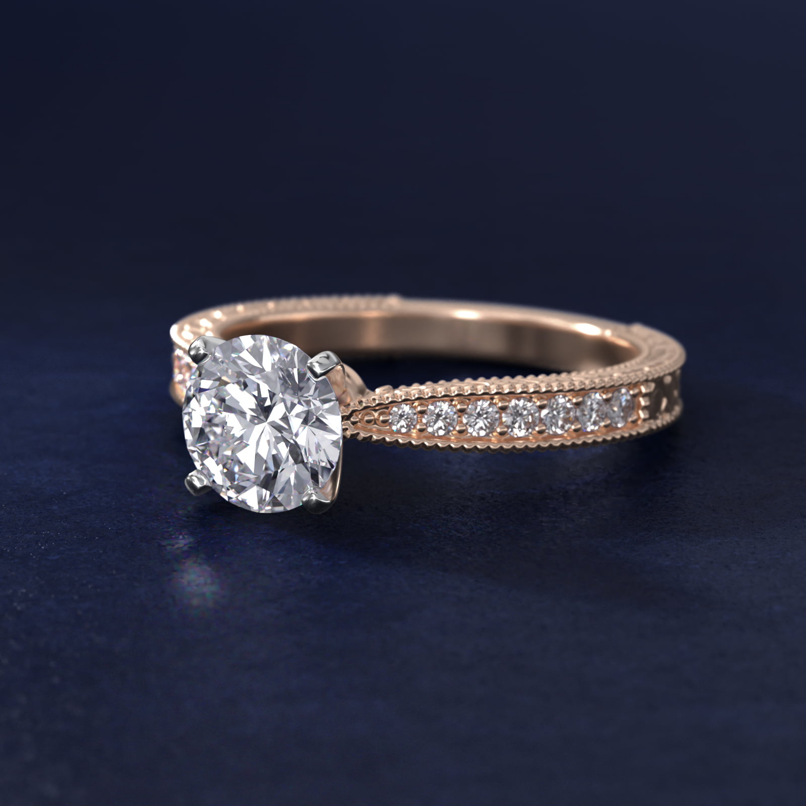 Hand-Engraved Micropavé Diamond Engagement Ring in 14k Rose Gold (1/6 ct. tw.)