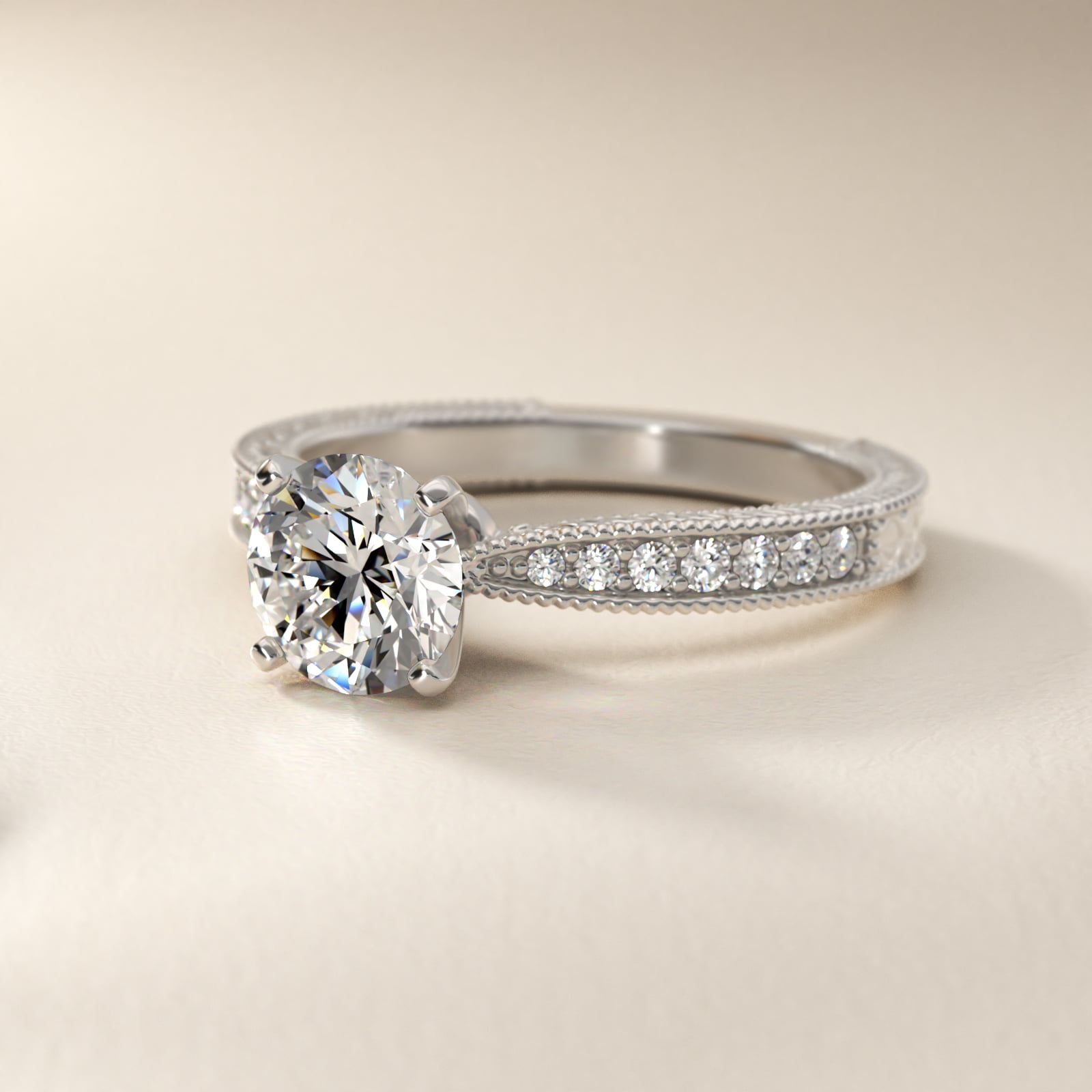 Hand-Engraved Micropavé Diamond Engagement Ring in 14k White Gold (1/6 ct. tw.)