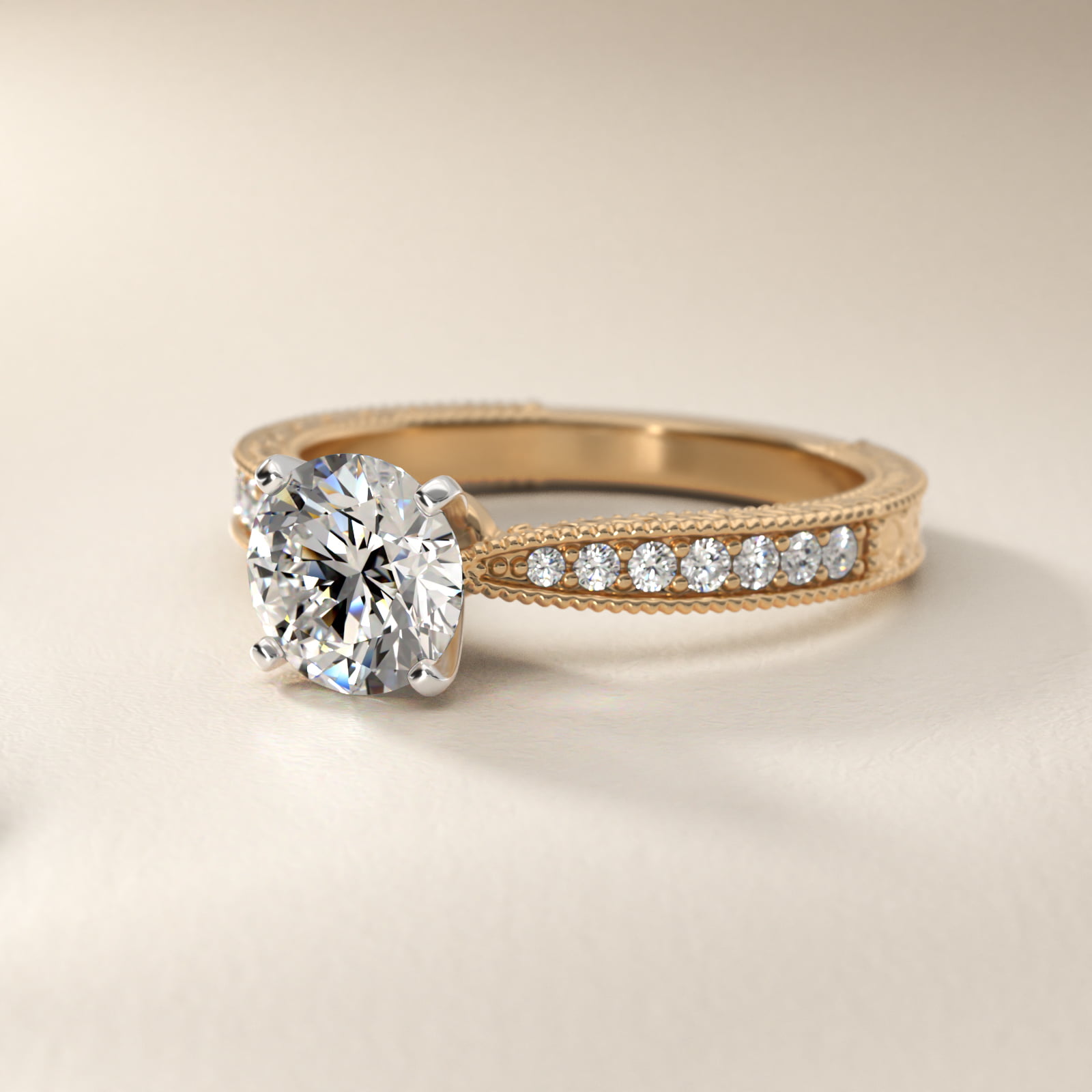 Hand-Engraved Micropavé Diamond Engagement Ring in 18k Yellow Gold (1/6 ct. tw.)