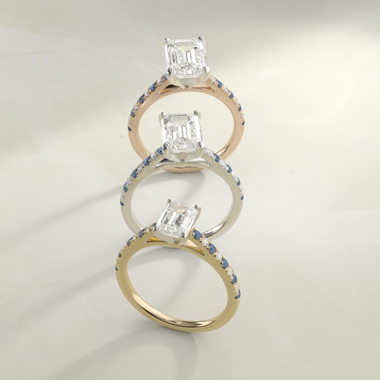 Emerald cut diamond engagement ring yellow gold solitaire with melee band