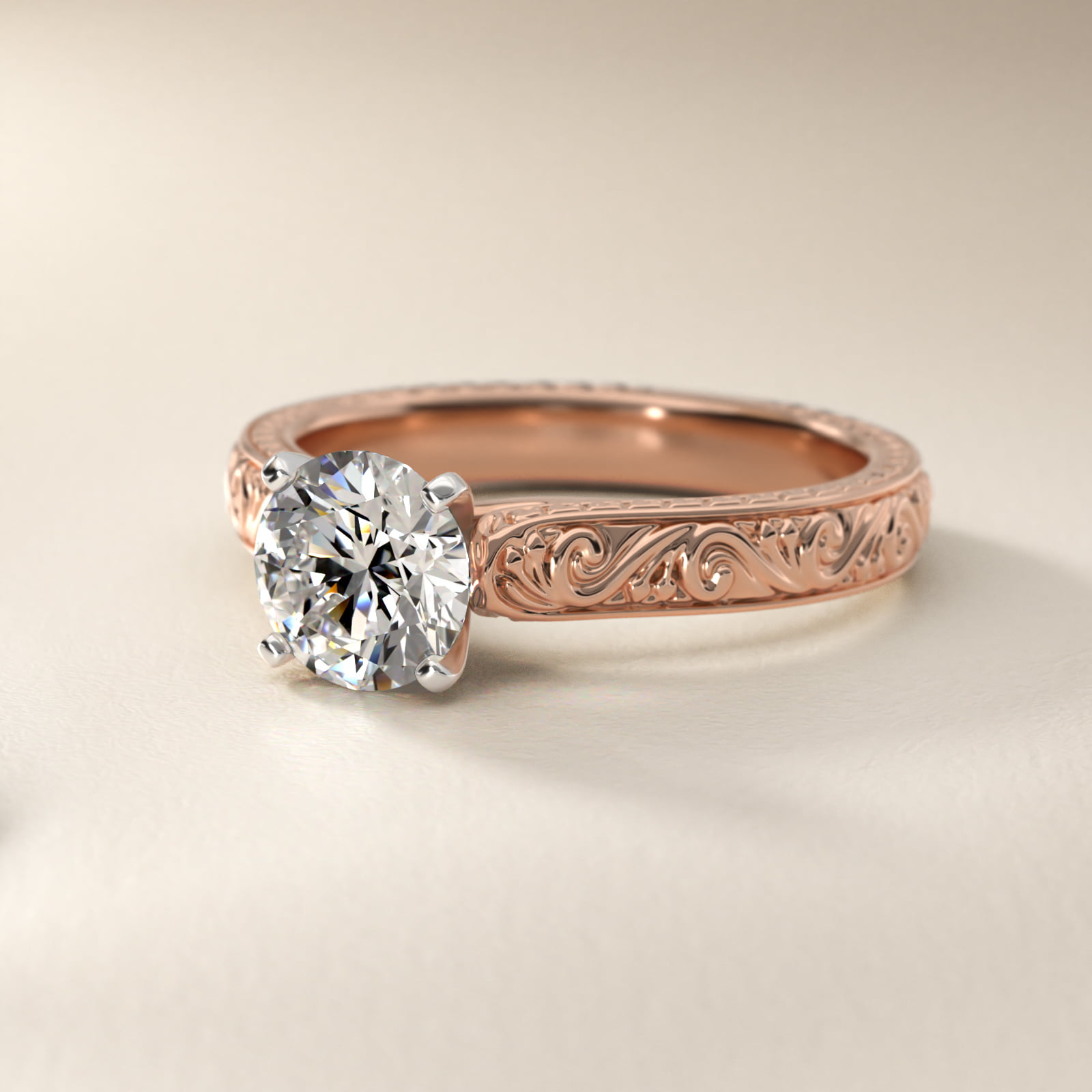 Hand-Engraved Solitaire Engagement Ring in 14k Rose Gold