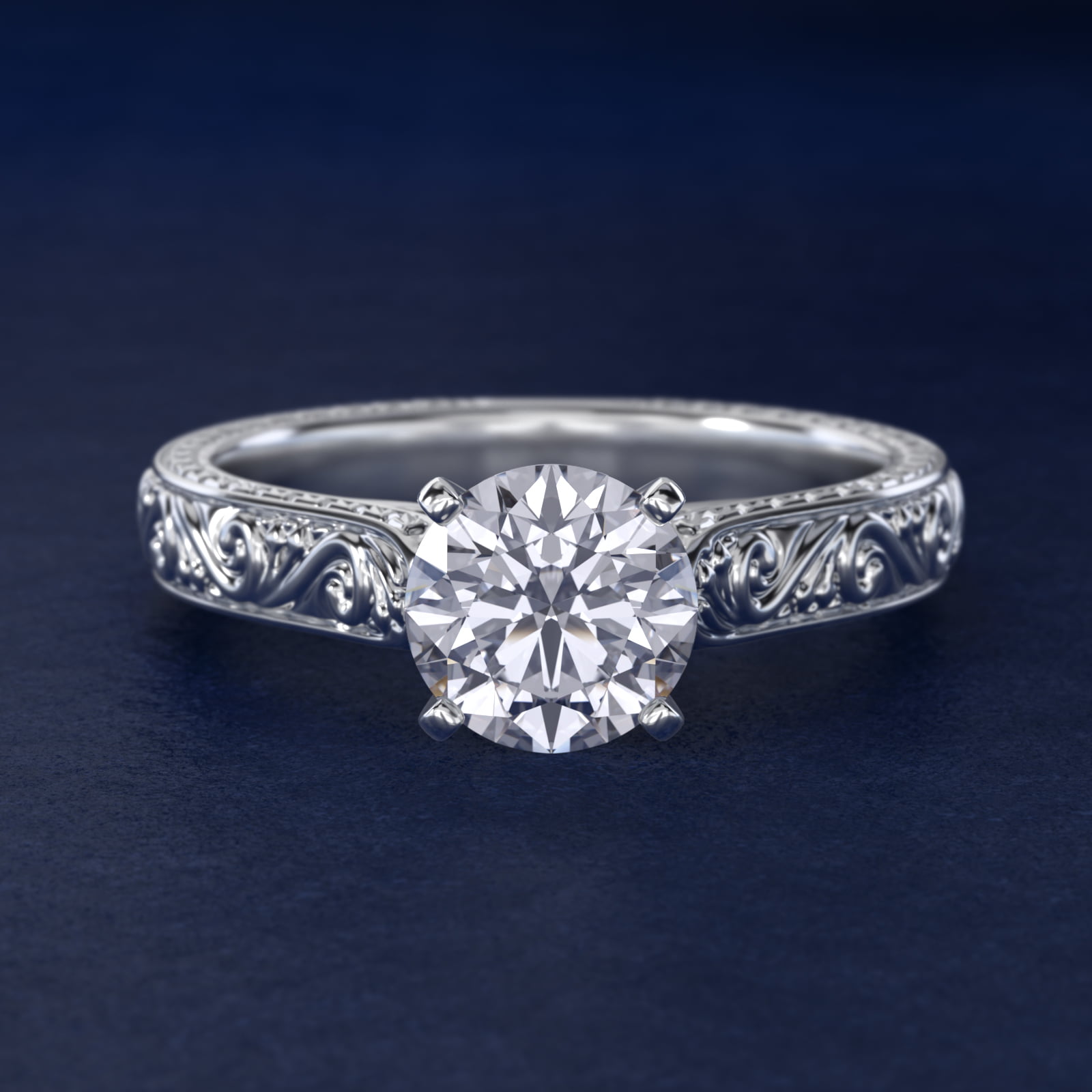 Hand-Engraved Solitaire Engagement Ring in 18K White Gold