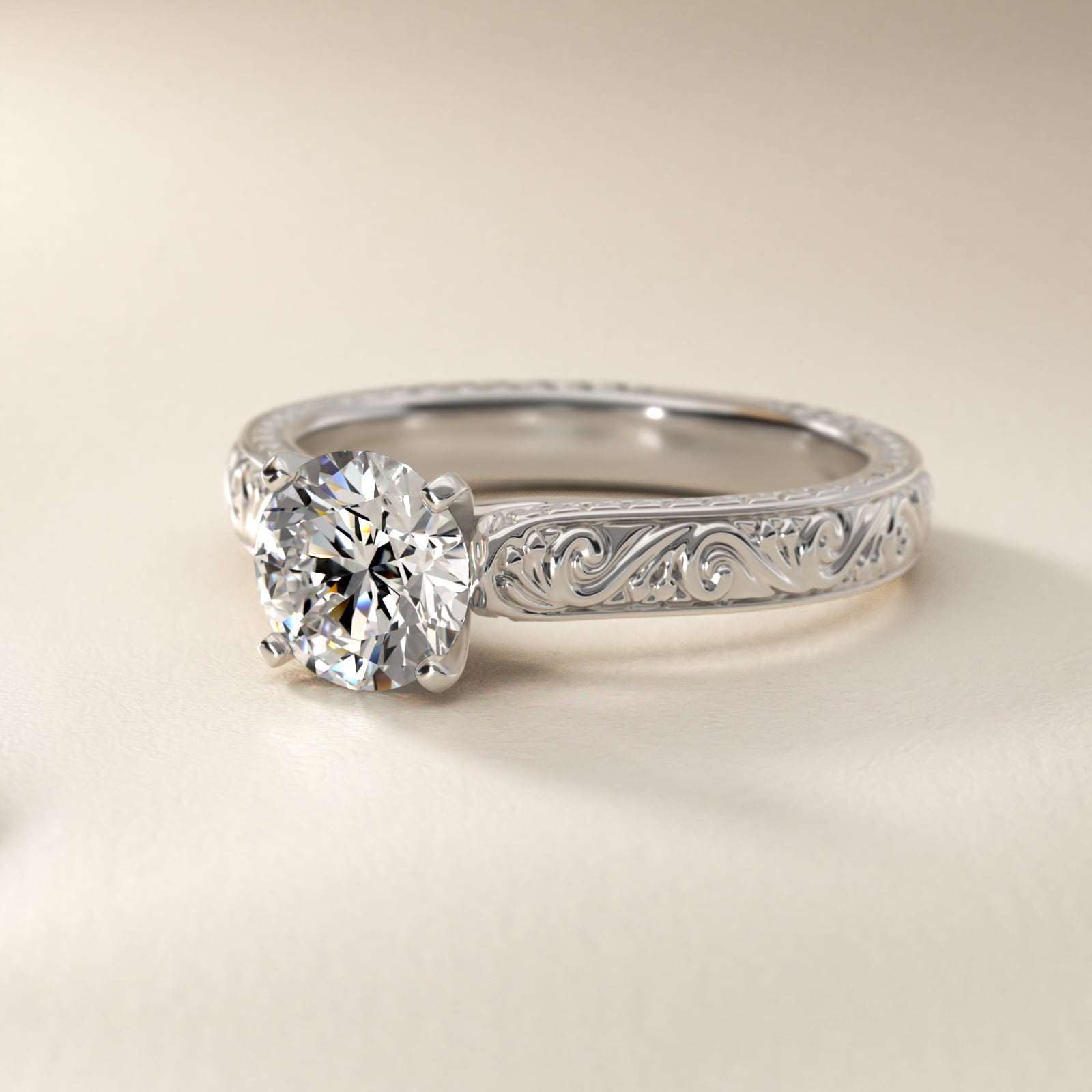 Hand-Engraved Solitaire Engagement Ring in 14K White Gold