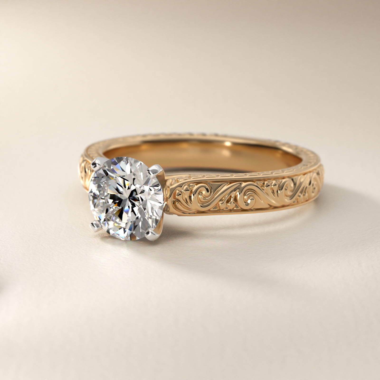 Hand-Engraved Solitaire Engagement Ring in 14K Yellow Gold