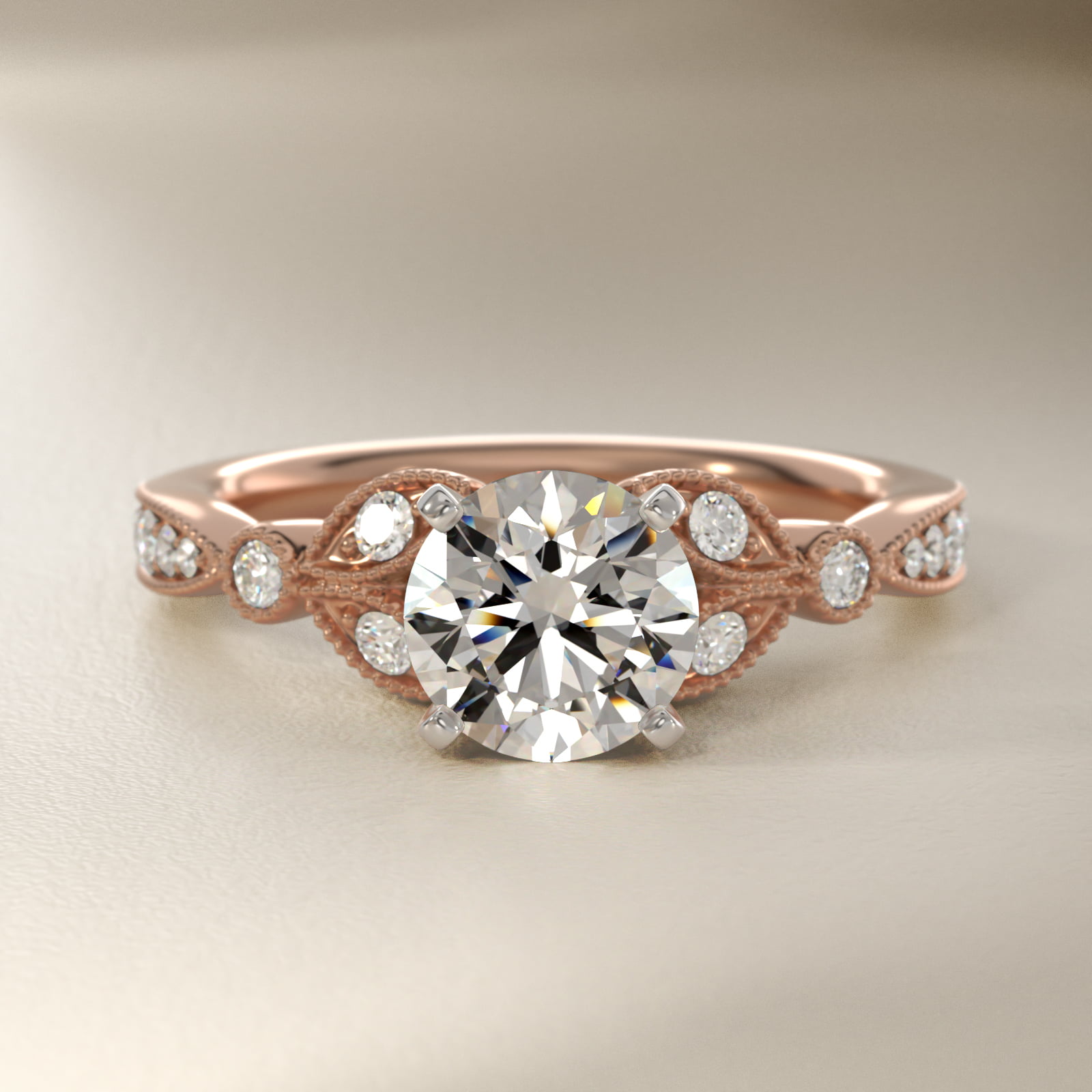 Petite Vintage Pavé Leaf Diamond Engagement Ring in 14k Rose Gold (1/5 ct. tw.)
