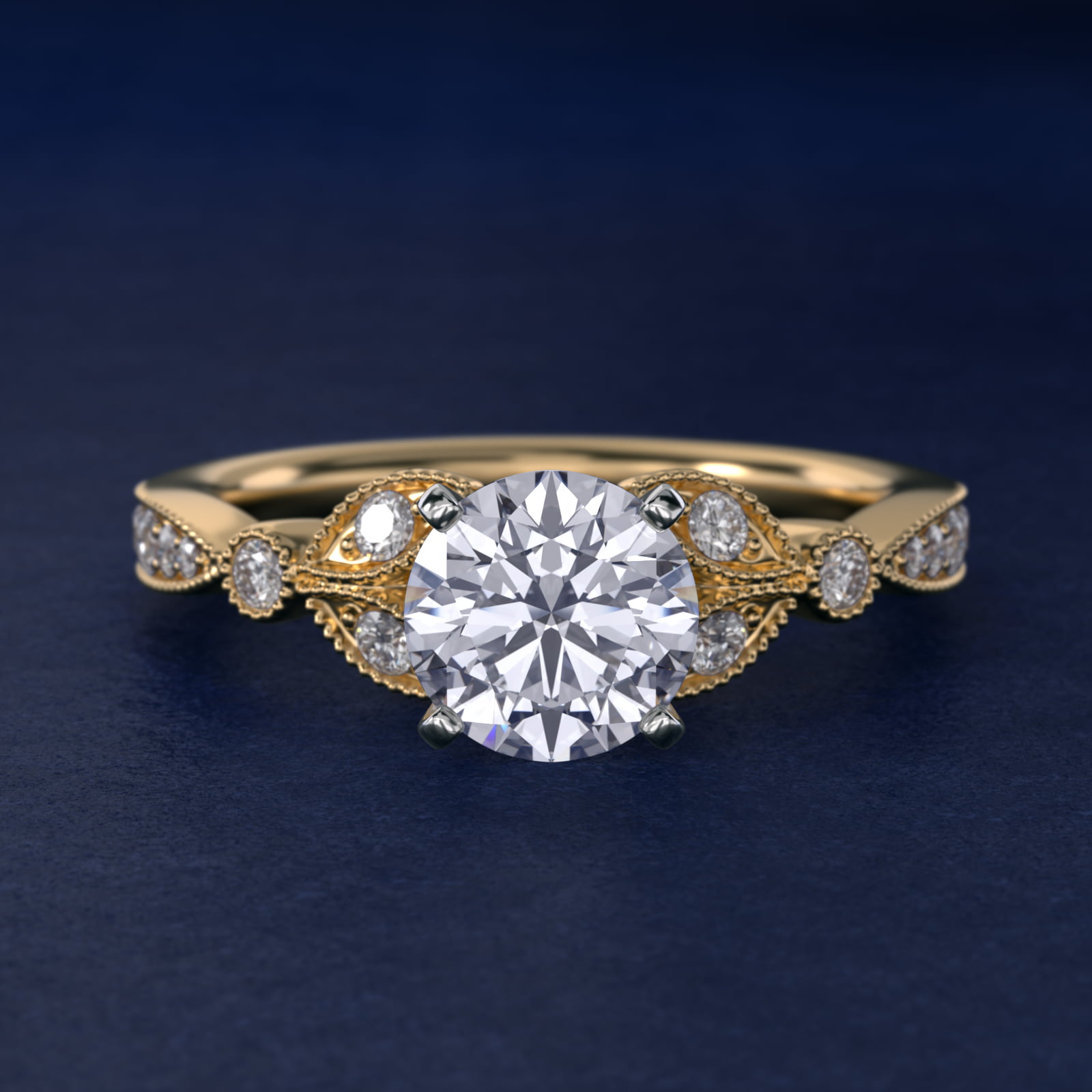 Petite Vintage Pavé Leaf Diamond Engagement Ring in 14K Yellow Gold (1/5 ct. tw.)