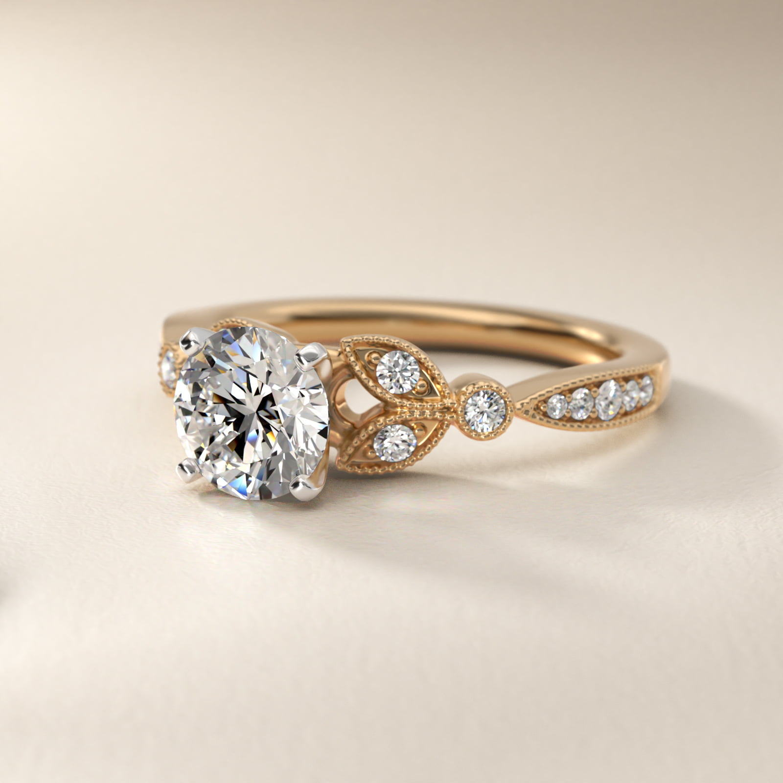 Petite Vintage Pavé Leaf Diamond Engagement Ring in 18k Yellow Gold (1/5 ct. tw.)