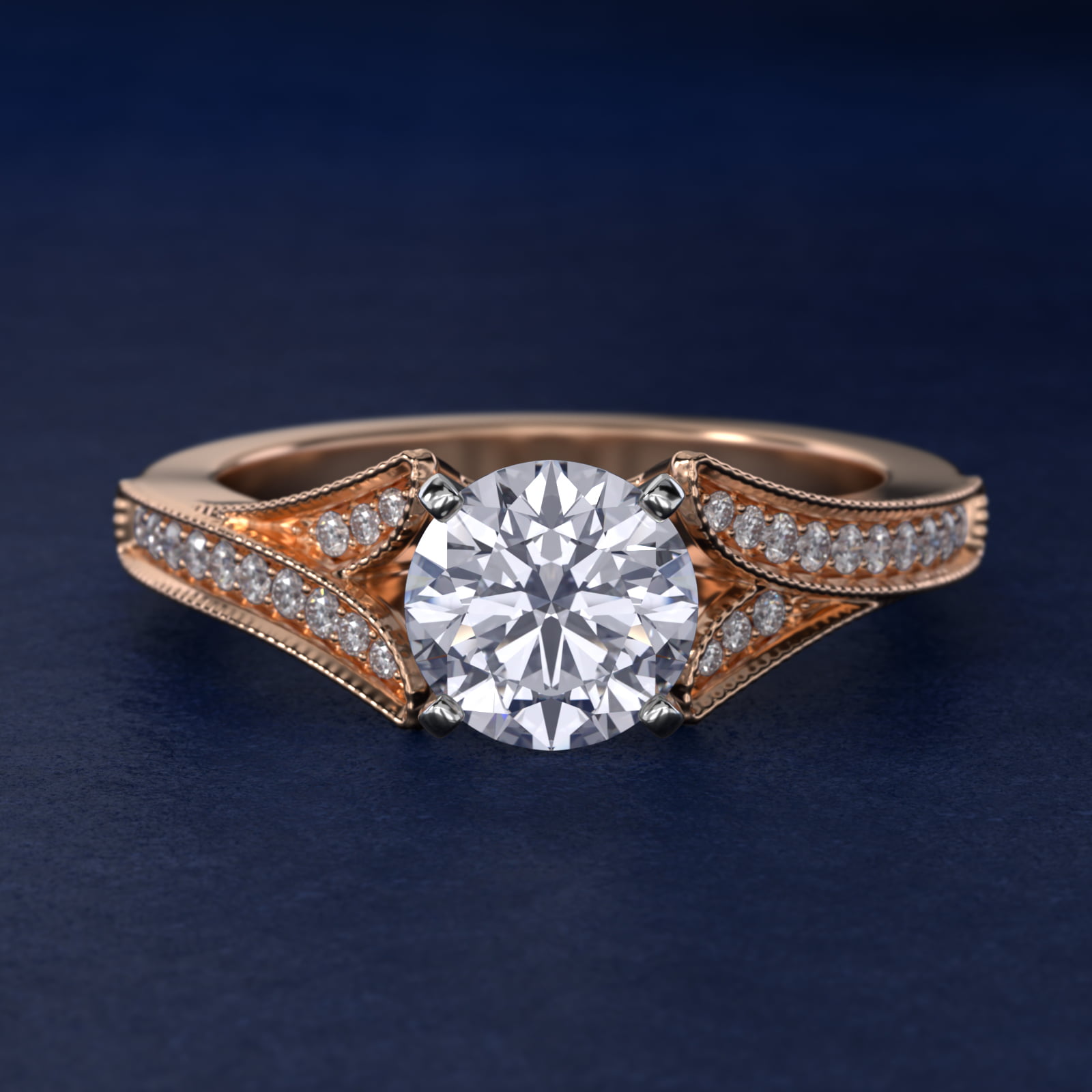 Milgrain and Pavé V-Shank Diamond Engagement Ring in 14k Rose Gold (1/8 ct. wt.)
